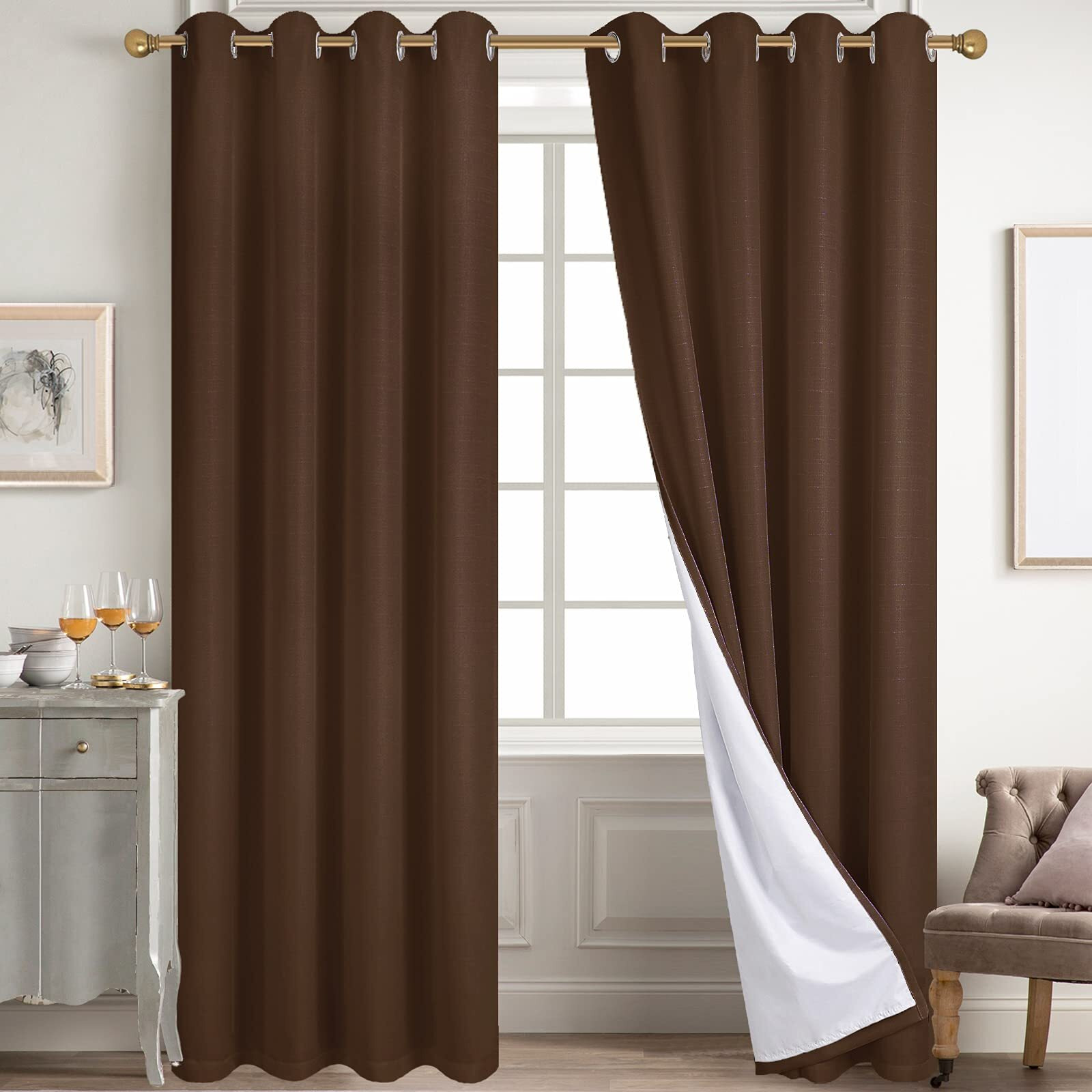 Diraysid 100% Blackout Curtains Chocolate Brown Linen Curtains For Bedroom Grommet Thermal Insulated Room Darkening Drapes (2 Panels, W52 X L84 Inch)