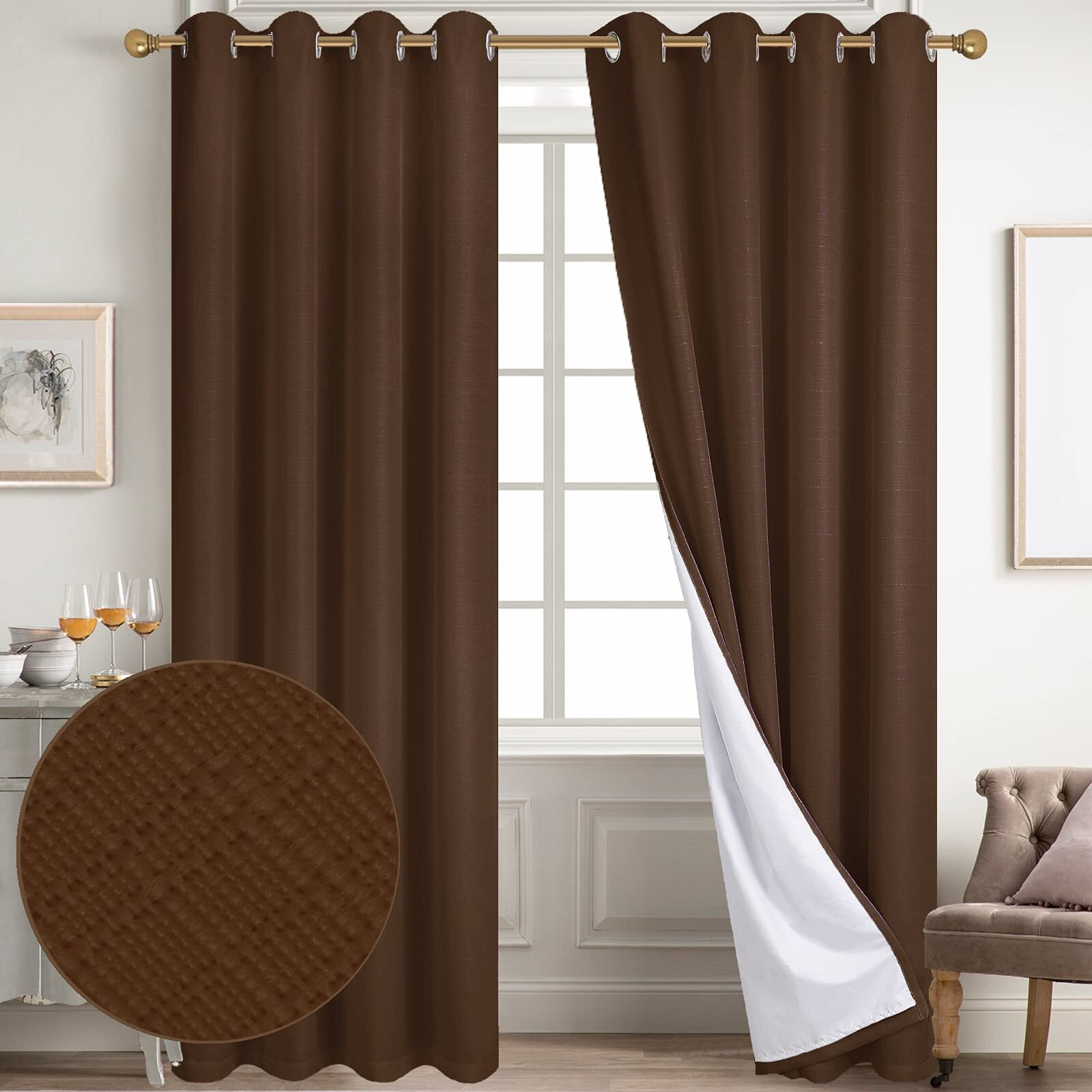 Diraysid 100% Blackout Curtains Chocolate Brown Linen Curtains For Bedroom Grommet Thermal Insulated Room Darkening Drapes (2 Panels, W52 X L84 Inch)