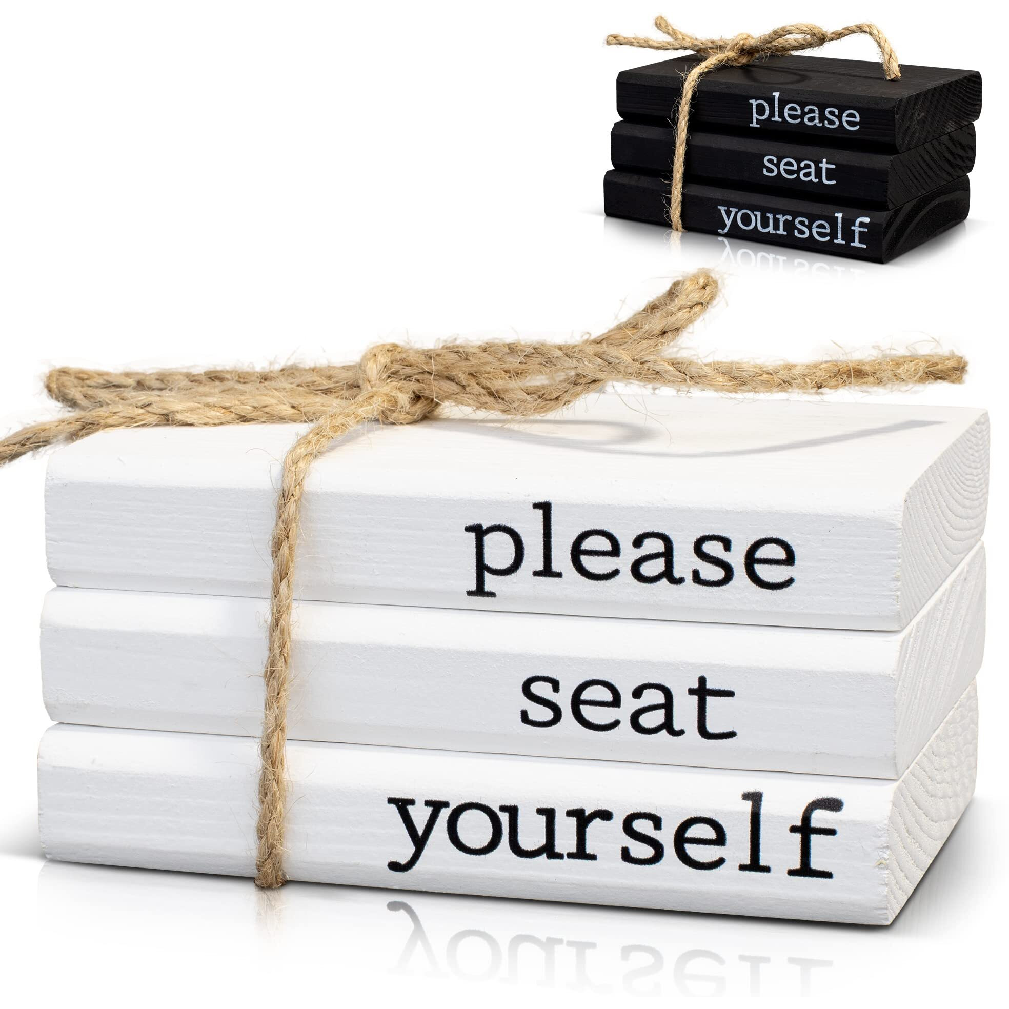 Farmhouse Bathroom Decor - Funny Rustic Wooden Mini Books For Your Restroom Shelf - The Perfect Small Decorative Accent For The Guest Bathroom - White