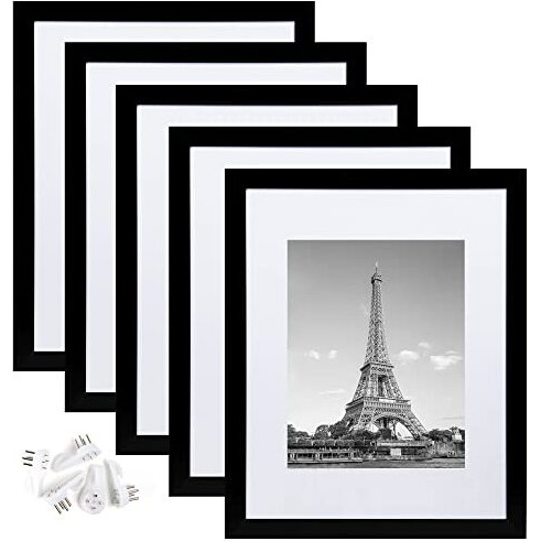 Upsimples 11X14 Picture Frame Set Of 5, Display Pictures 8X10 With Mat Or 11X14 Without Mat, Wall Gallery Photo Frames, Black