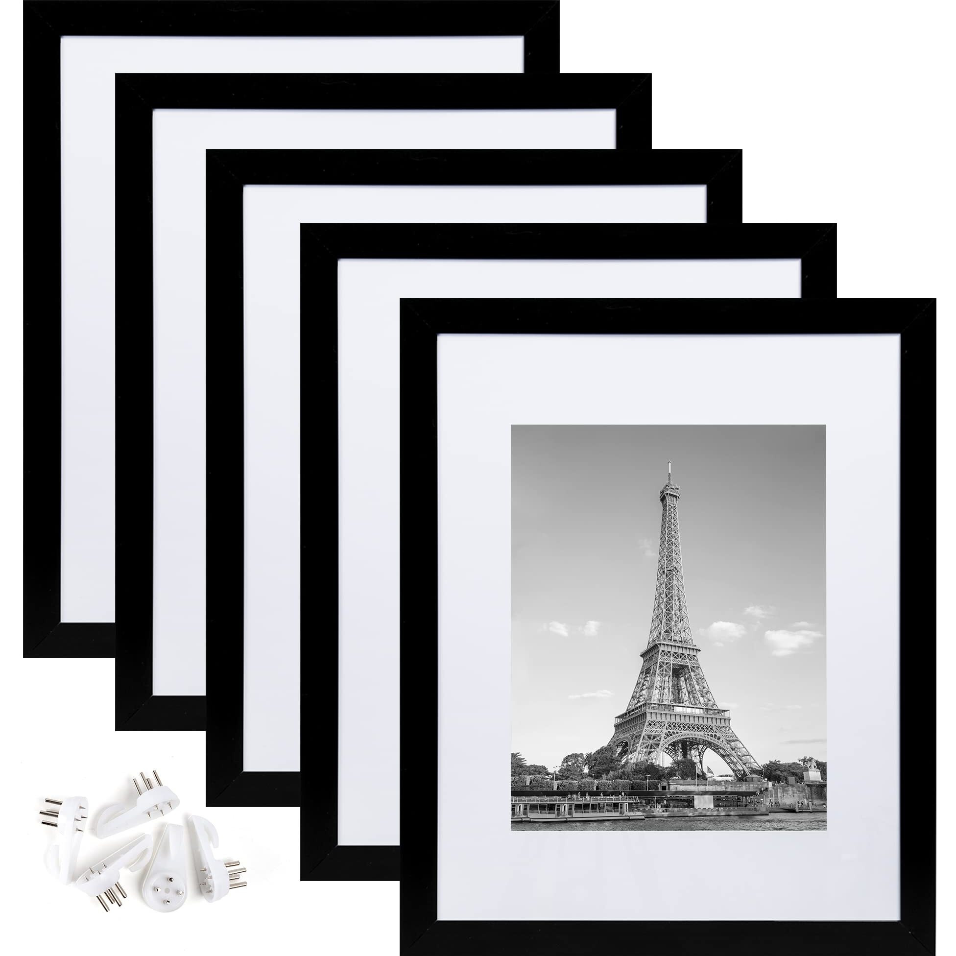 Upsimples 11X14 Picture Frame Set Of 5, Display Pictures 8X10 With Mat Or 11X14 Without Mat, Wall Gallery Photo Frames, Black