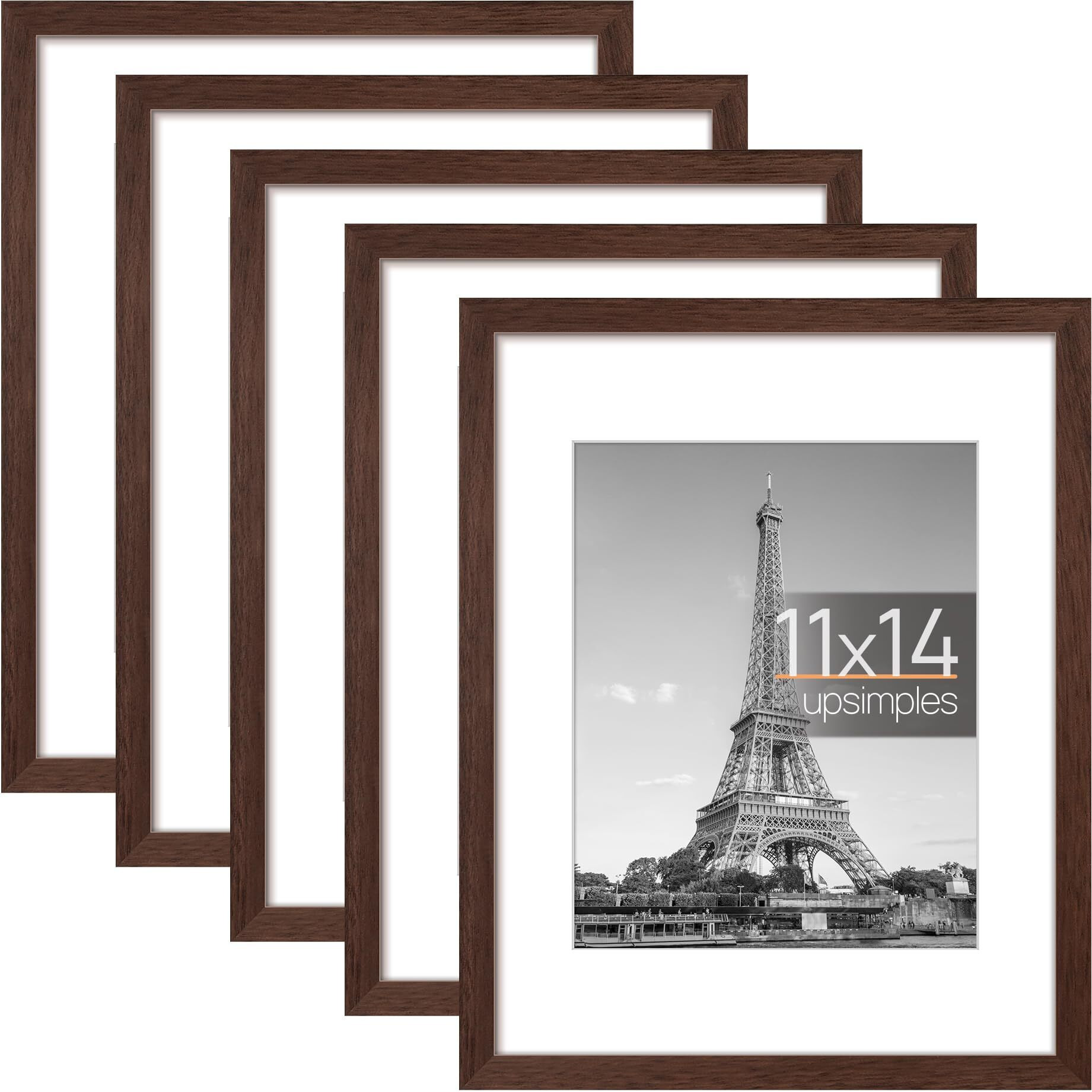 Upsimples 11X14 Picture Frame Set Of 5, Display Pictures 8X10 With Mat Or 11X14 Without Mat, Wall Gallery Photo Frames, Brown