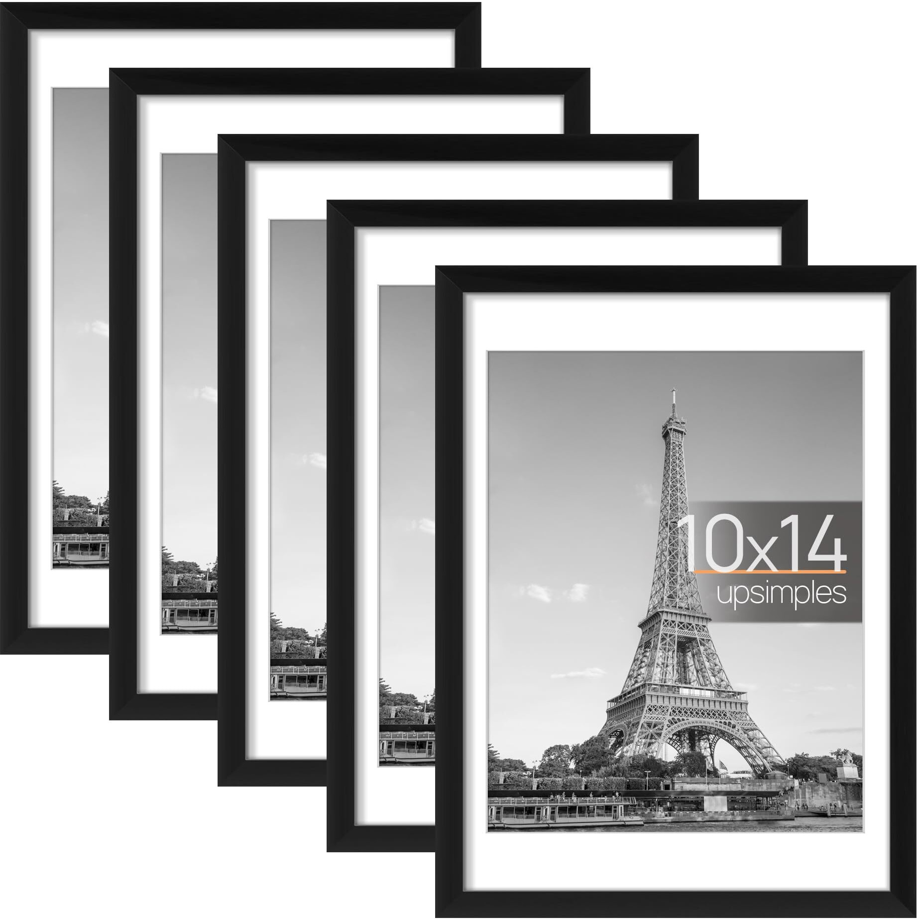Upsimples 10X14 Picture Frame Set Of 5, Display Pictures 8.5X11 With Mat Or 10X14 Without Mat, Wall Gallery Poster Frames, Black