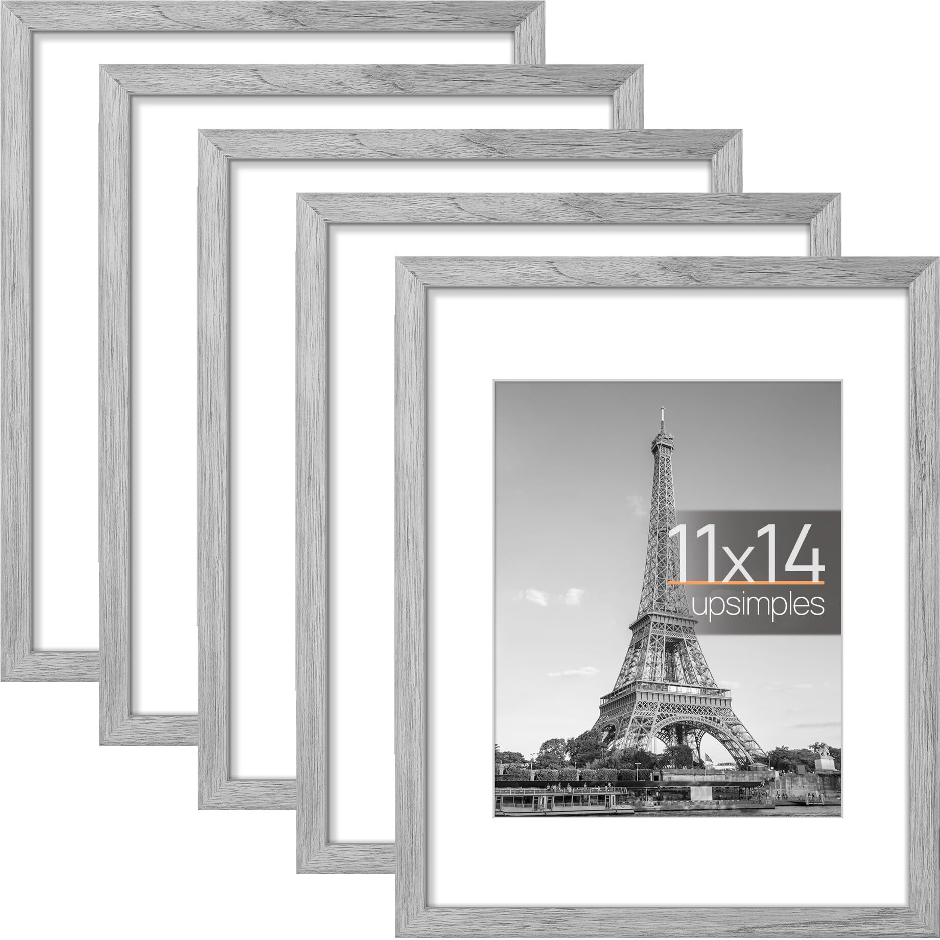 Upsimples 11X14 Picture Frame Set Of 5, Display Pictures 8X10 With Mat Or 11X14 Without Mat, Wall Gallery Photo Frames, Gray