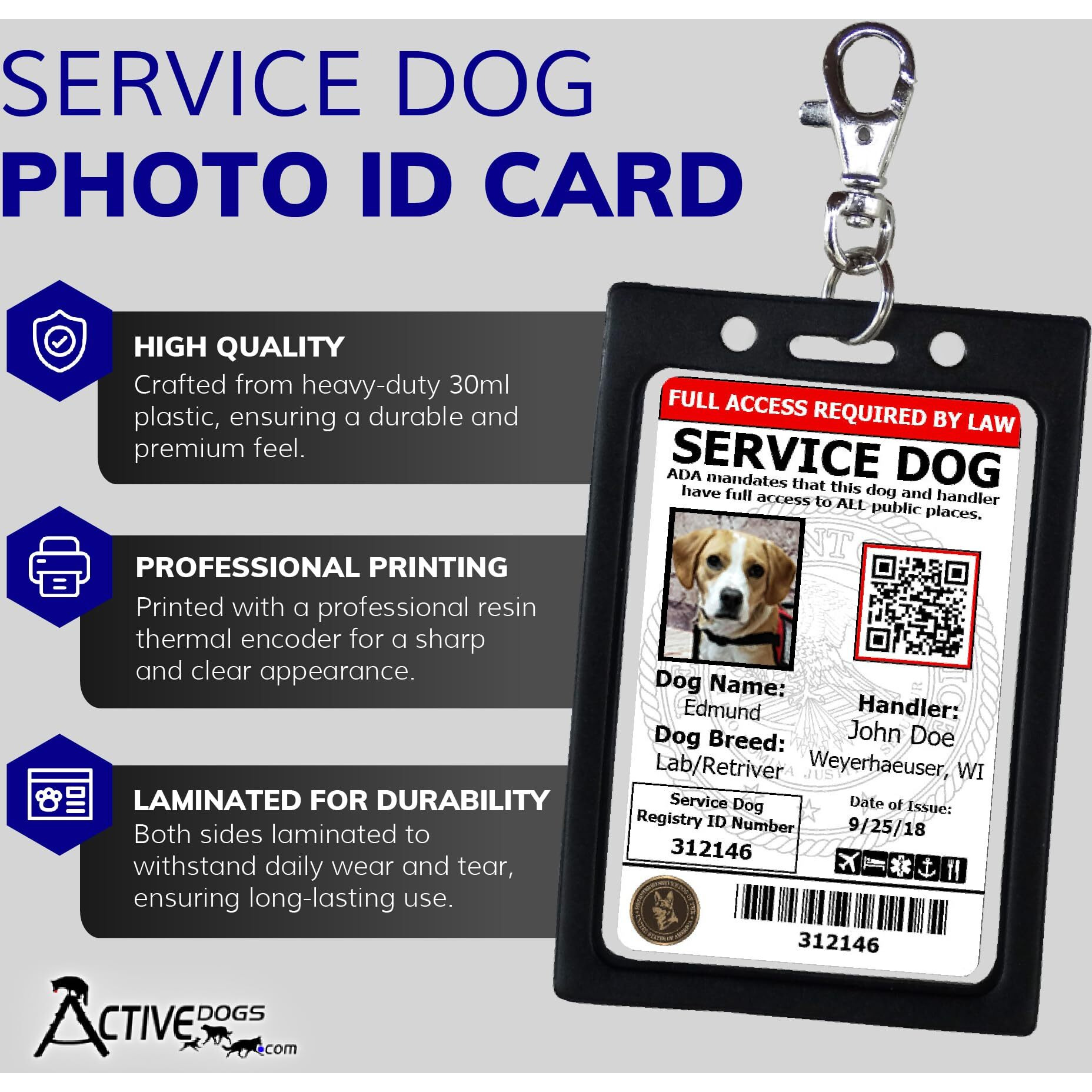 Activedogs Registered Service Dog Photo Id Card & Identification Holder - Ada & Tsa Compliant Service Dog Badge With Qr Code & Clip-On Carrier - Free Registration & Digital Copy