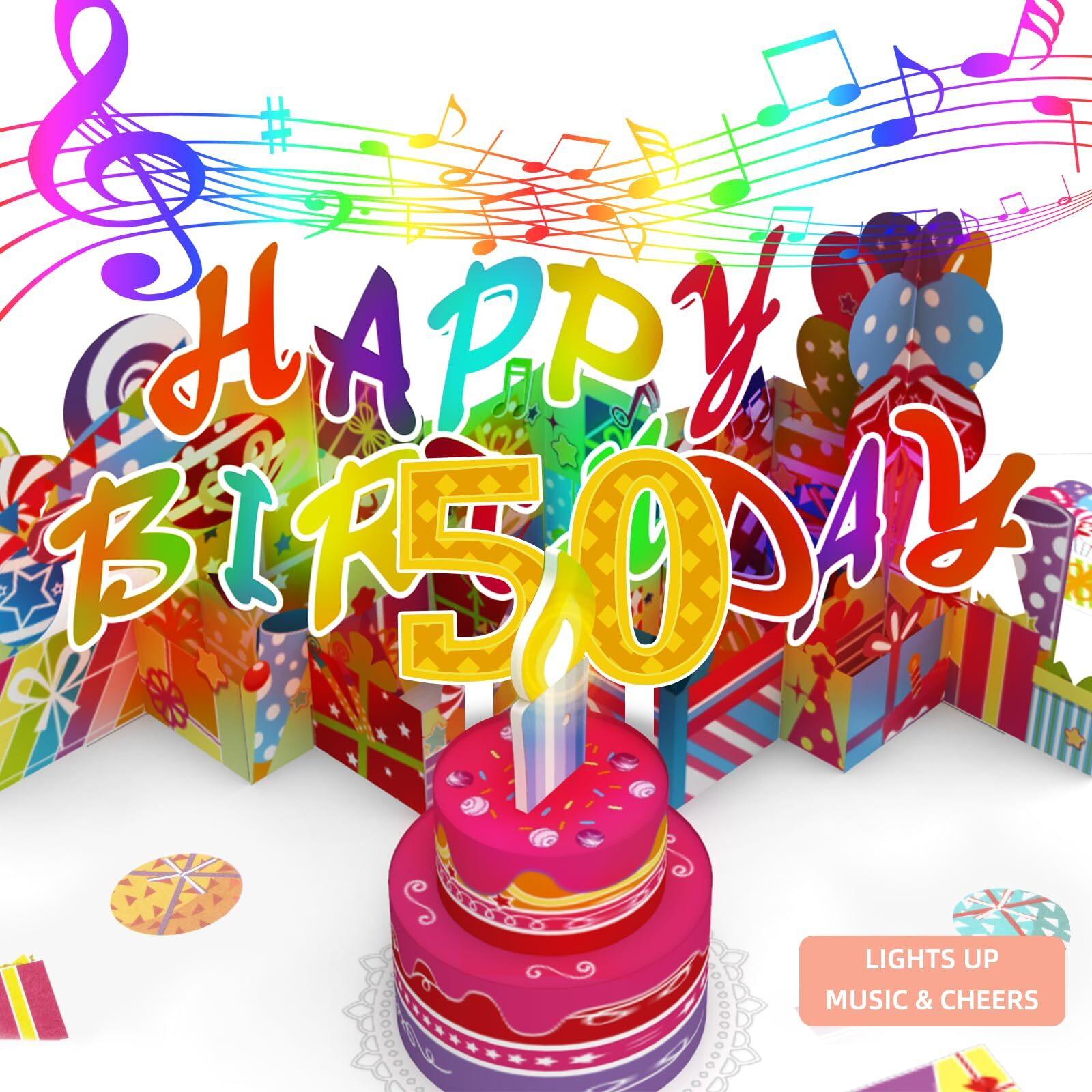 Gumry 50Th Musical Birthday Popup Card, Blowable Led Light Candle 3D Cards With Song 'Happy', Applause Cheers Sound,Color-Changing Lights,Colourful Greeting Cards For Women Men Turning 50 Years Old