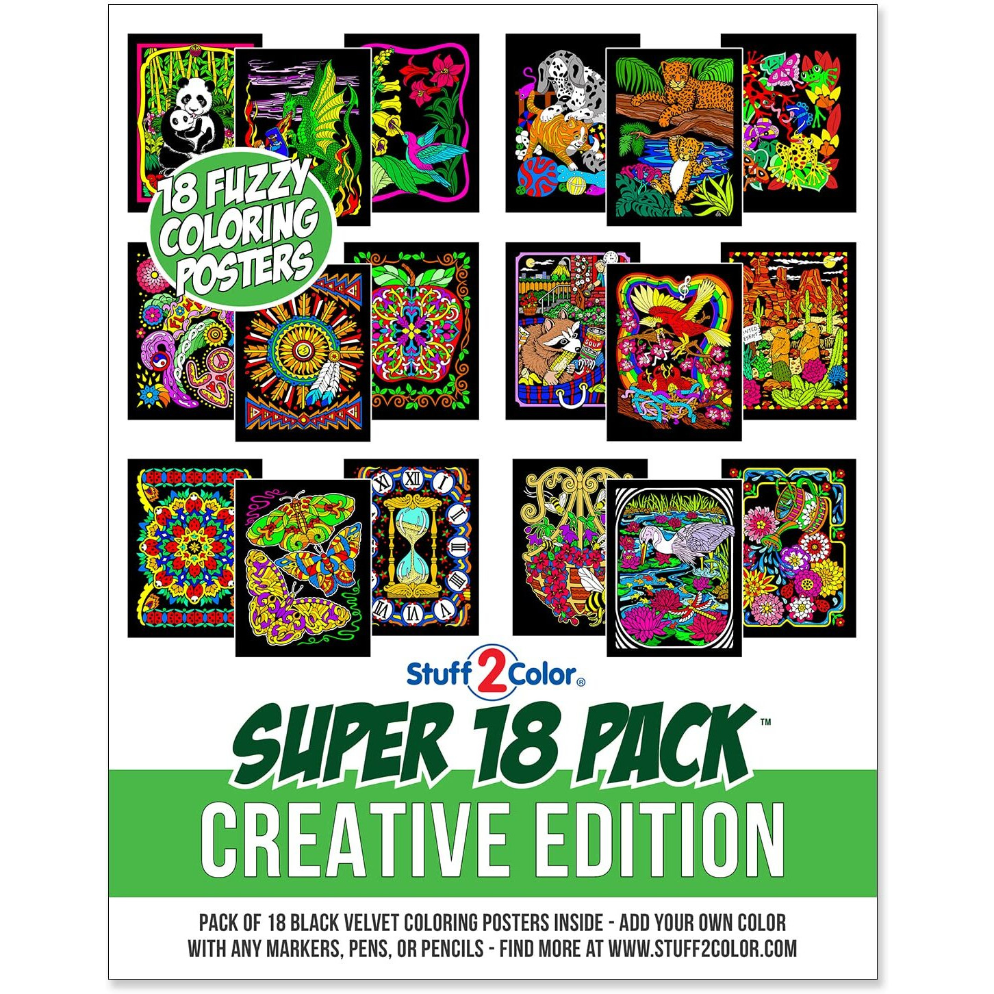 Super Pack Of 18 Fuzzy Velvet Coloring Posters (Creative Edition) - Great For Family Time, Arts & Crafts, Travel, Classrooms, Care Facilities [All Ages Coloring Girls, Boys, Adults, Toddlers, Teens]