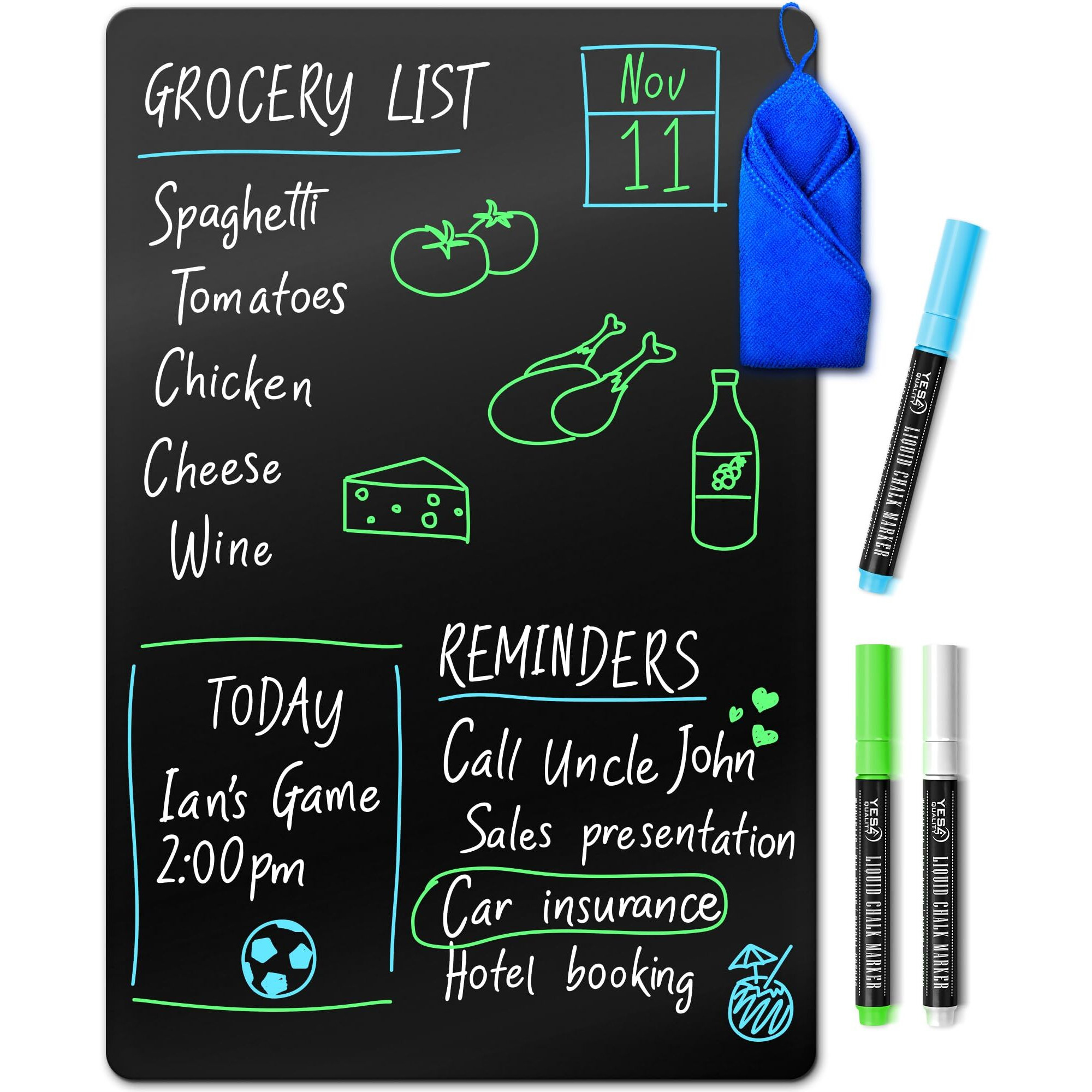 Magnetic Black Dry Erase Board For Fridge (17 X 11 Inch), Stain-Resistant W/ 3 Magnetic, Fine-Tip Neon Chalk Markers & Eraser By Yes4Quality