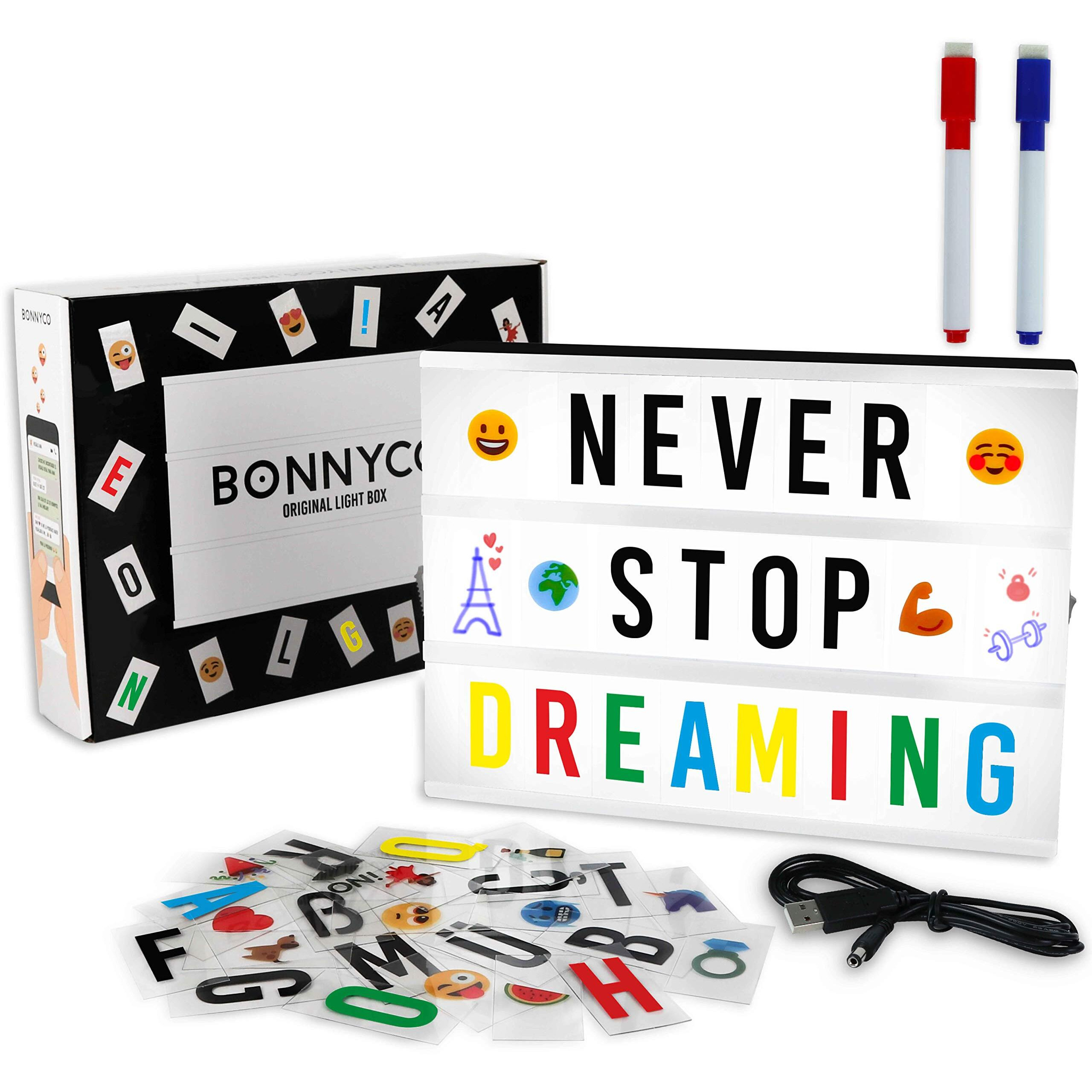 Cinema Light Box With 400 Letters, Symbols & Emojis & 2 Markers, Usb Included - Bonnyco | Led Light Box Home Decor, Room Decor | Light Up Sign Novelty Gifts Christmas & Birthdays | Marquee Light Box