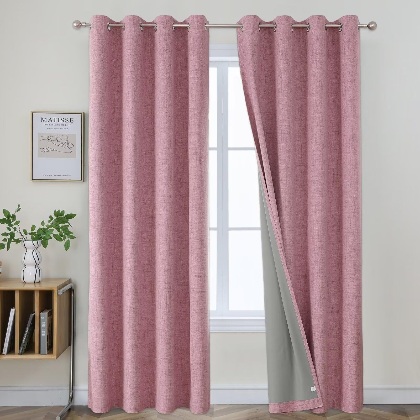 Joydeco Pink Curtains Blackout 108 Inches Long For Living Room, Pink Blackout Curtains 2 Panels Set For Girls Nursery Bedroom, Room Darkening Linen Grommet Textured Curtains&Drapes (52X108 Inch,Pink)