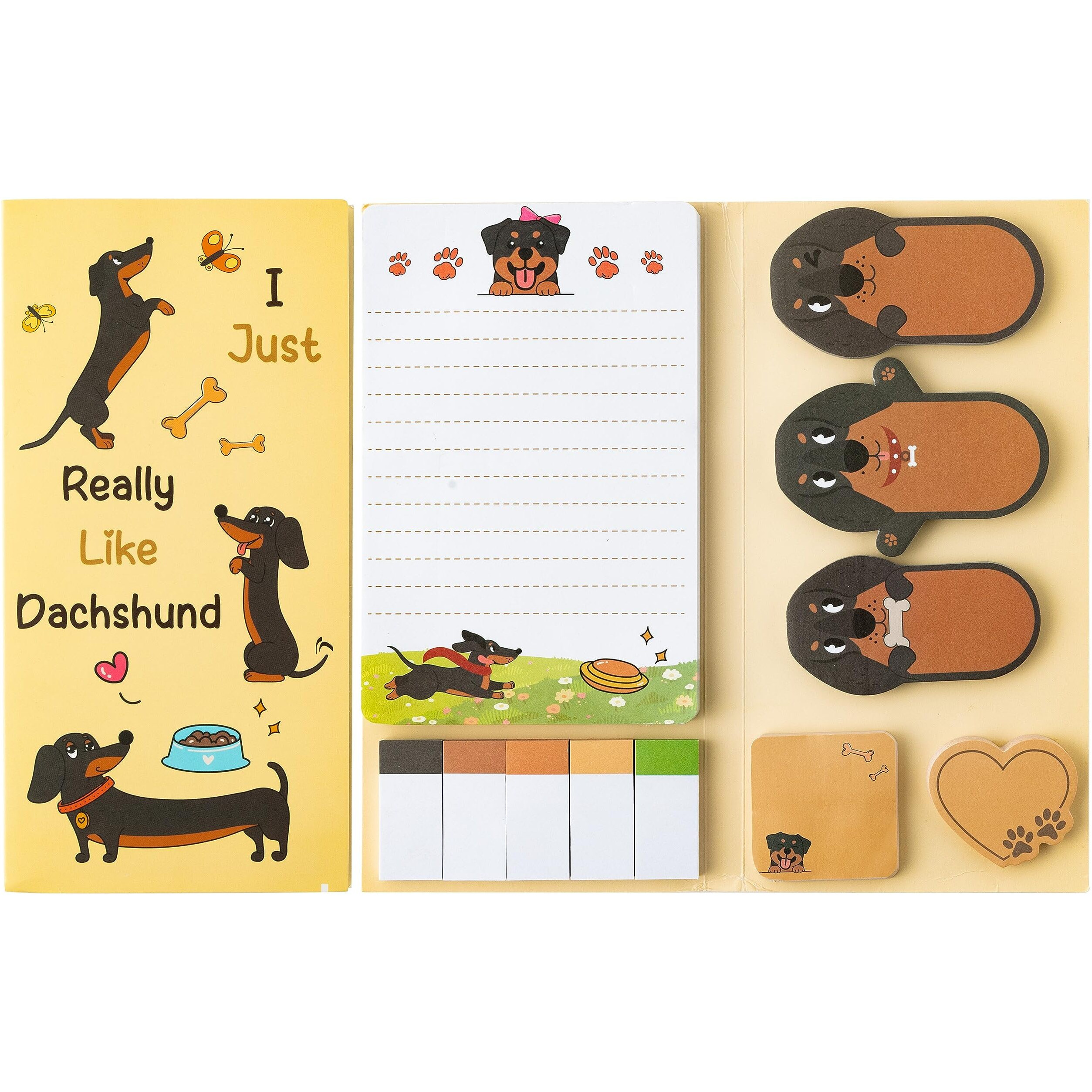 Xqumoi I Just Really Like Dachshund Sticky Notes Set, 550 Sheets Cute Cartoon Dachshund Self-Stick Notes Pads Animal Divider Tabs Bundle Writing Memo Pads Page Marker School Office Supplies Small Gift
