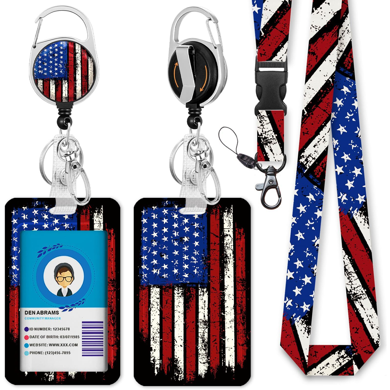 Id Badge Holder With Lanyard, 4Th Of July Badge Reel Retractable Heavy Duty And Detachable Name Tag Clips, American Flag Lanyards For Id Badges, Nurse Teacher Office Gifts