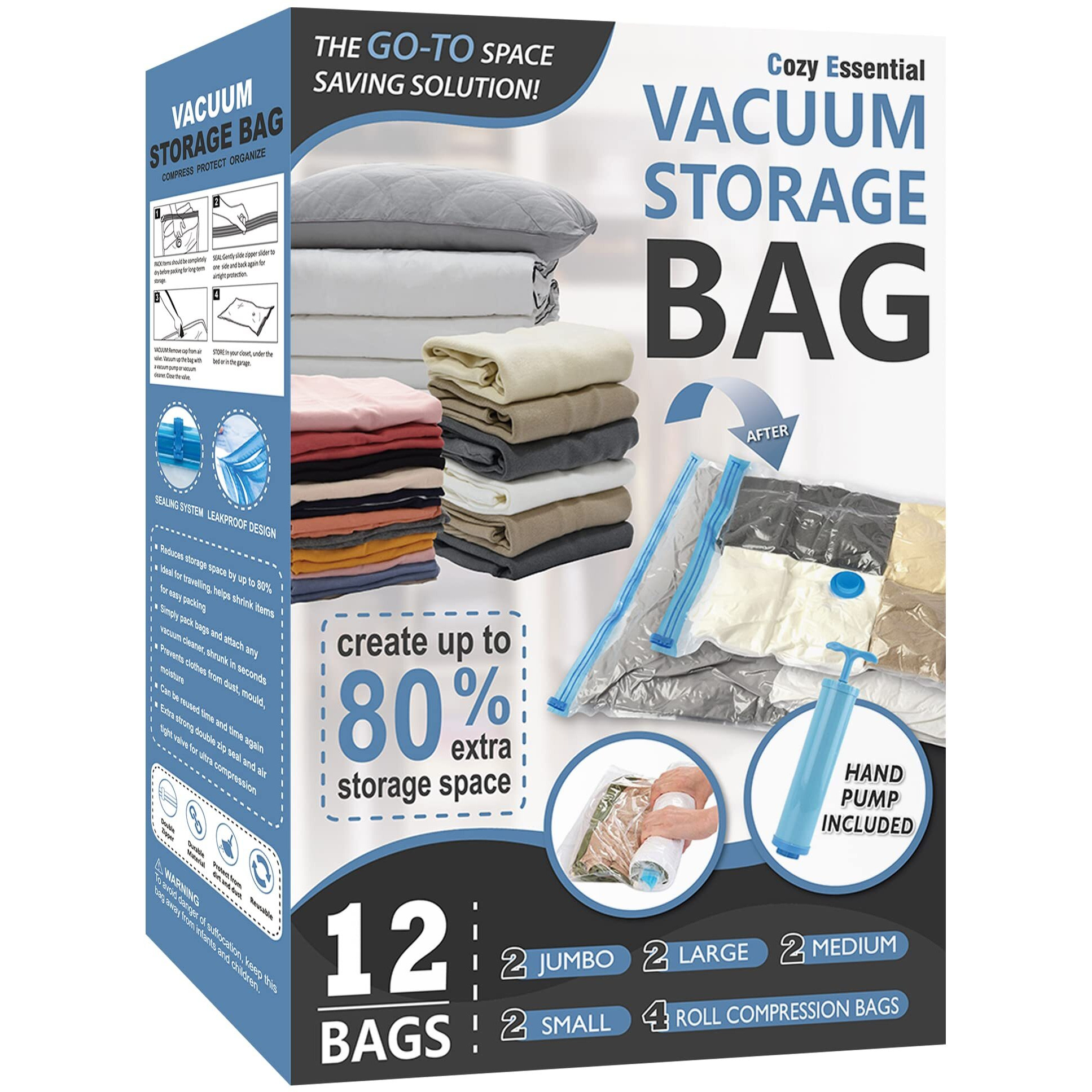 12 Pack Space Saver Bags (2 Jumbo/2 Large/2 Medium/2 Small/4 Roll) Compression Storage Bags For Comforters And Blankets, Vacuum Sealer Bags For Clothes Storage, Hand Pump Included