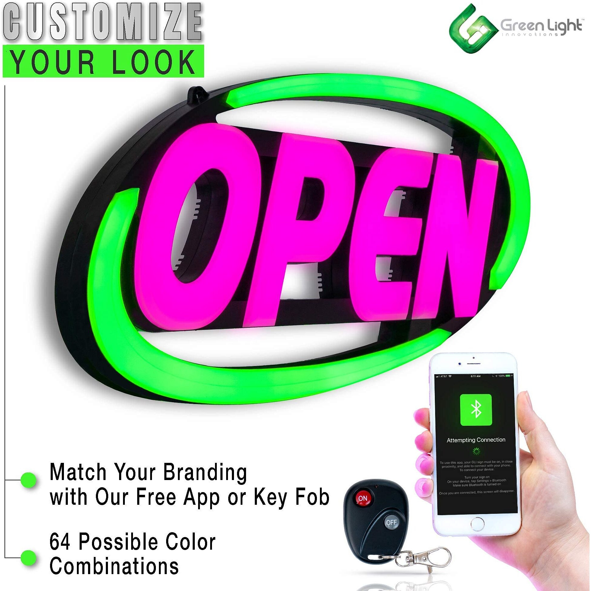 Gli Led Open Sign For Business - Stand Out With 64 Super-Bright Color Combos To Match Your Brand, Programmable App - Neon Flash, Or Scroll - 15 X 32 Inch