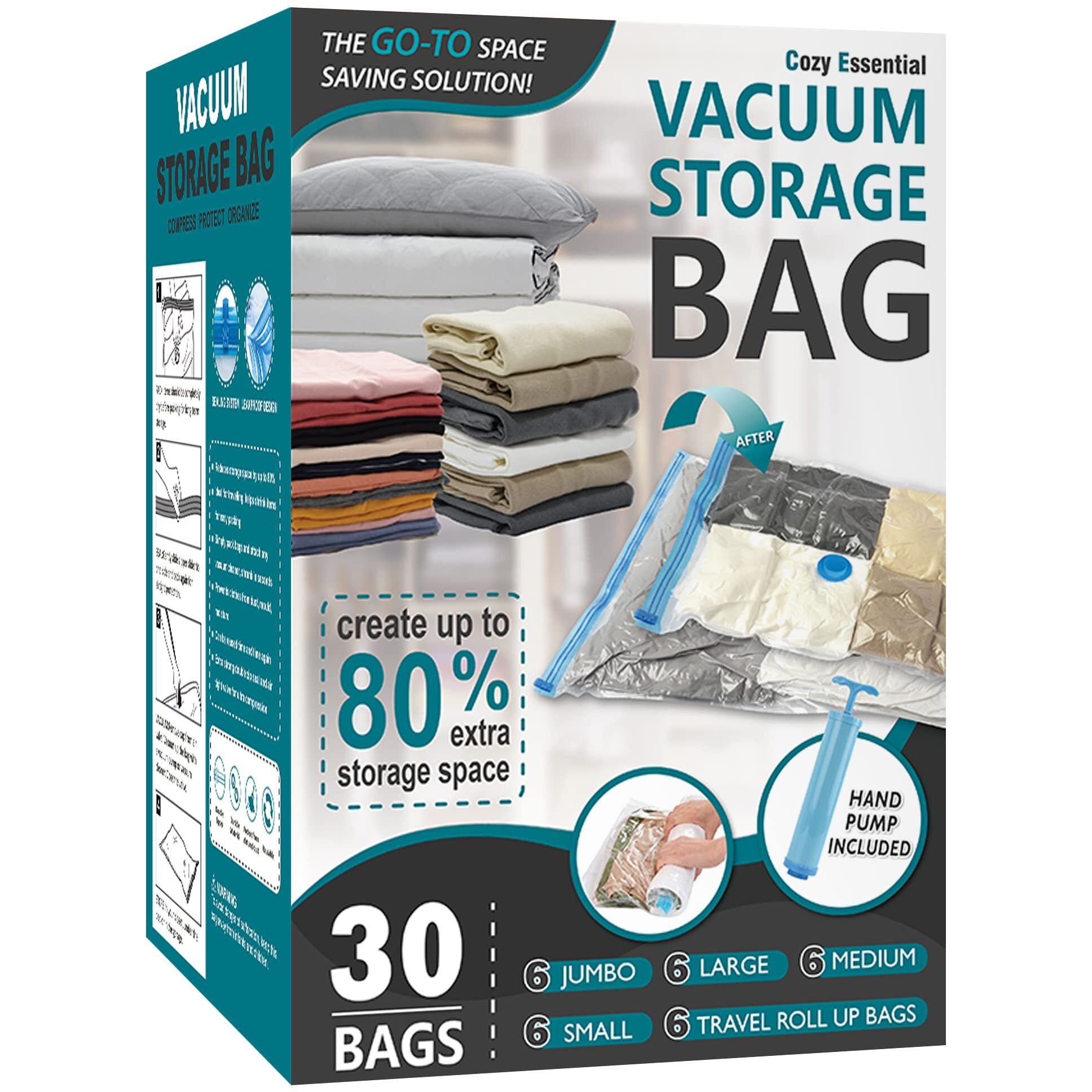 30 Pack Vacuum Storage Bags, Space Saver Bags (6 Jumbo/6 Large/6 Medium/6 Small/6 Roll) Compression Storage Bags For Comforters And Blankets, Vacuum Sealer Bags For Clothes Storage, Hand Pump Included