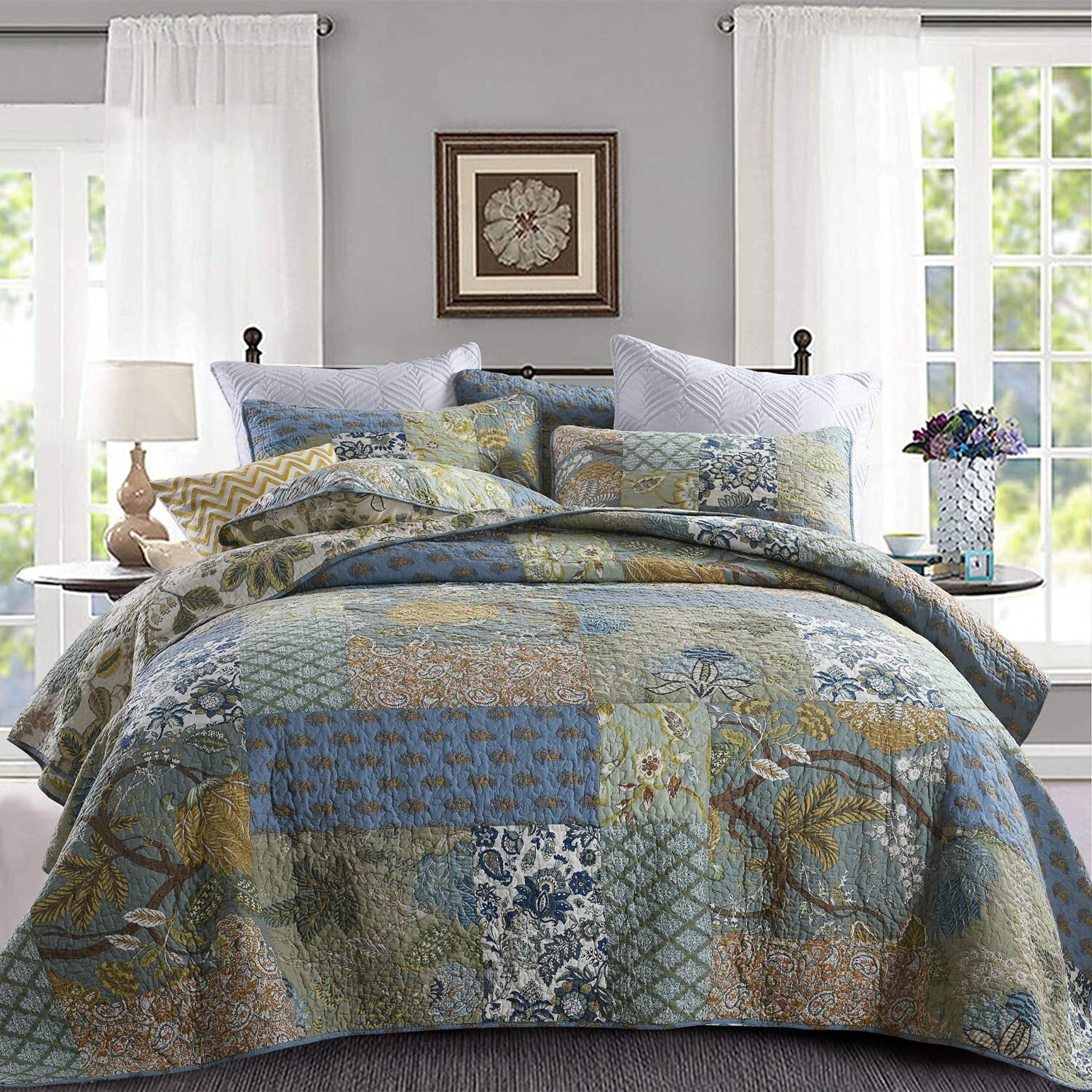 Yvooxny Quilt Set Queen Bedspread Reversible Green Farmhouse Garden Coverlet Real Patchwork Quilt Set For All Seasons, Bohemian Floral Pattern, Queen Size