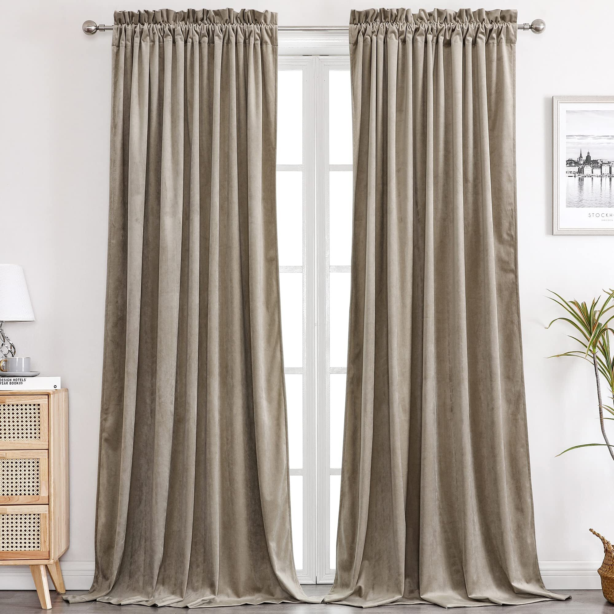 Benedeco Taupe Velvet Curtains For Bedroom Window, Super Soft Luxury Drapes, Room Darkening Thermal Insulated Rod Pocket Curtain For Living Room, W52 By L96 Inches, 2 Panels