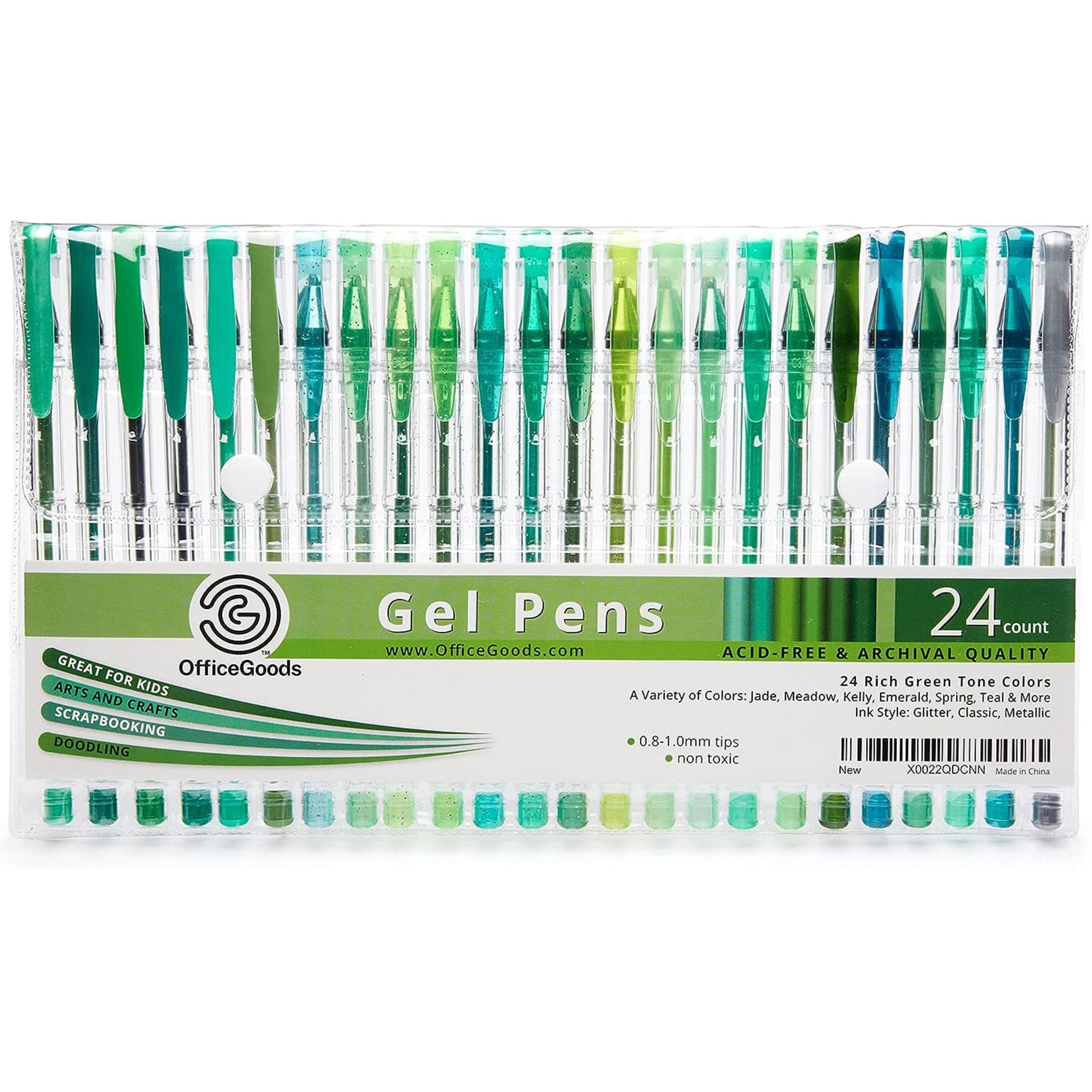 Officegoods Green Gel Pens + Refills - 24 Premium Colors - Fast Drying Smudge Free - Metallic, Glitter Classic Ink - 0.8-1.0 Mm Tips