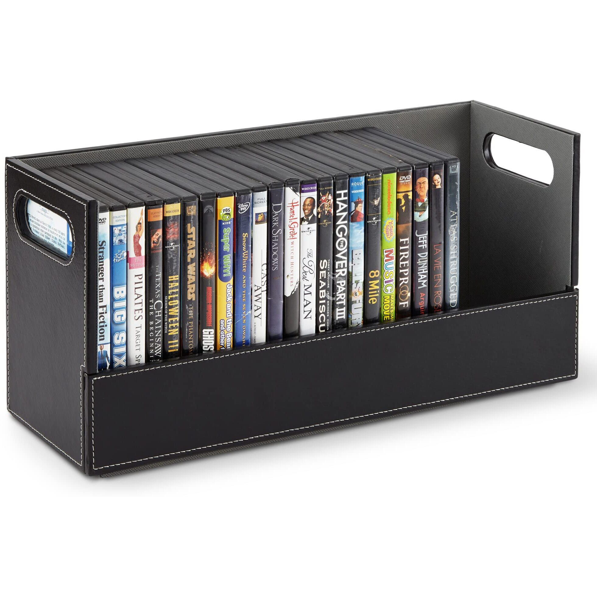 Stock Your Home Dvd Storage Box, Movie Shelf Organizer For Blu-Ray, Video Game Cases, Cds, Vhs Tape Display Stand, Disc Holder Can Store Up To 28 Dvds, Faux Leather (Black)