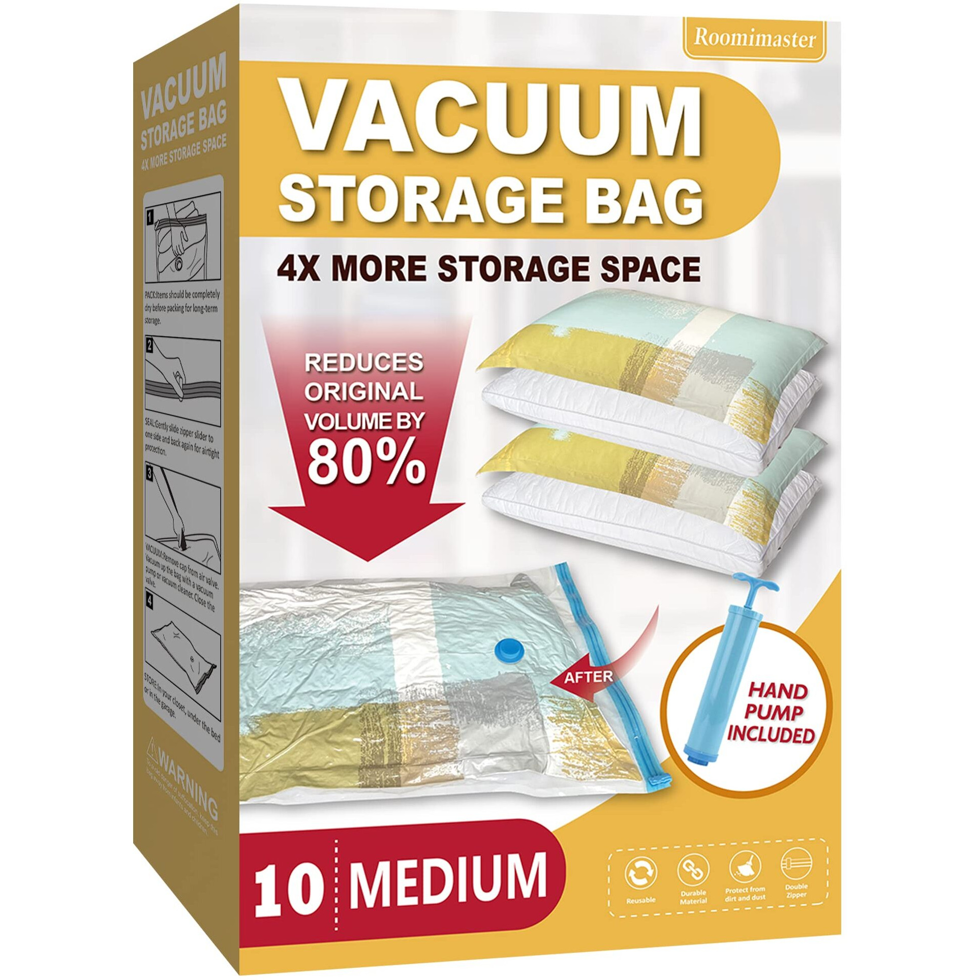 Roomimaster Storage Bags, 10 Medium Space Saver Vacuum Seal Bags With Pump, Space Bags, Vacuum Sealer Bags For Clothes, Comforters, Blankets, Bedding