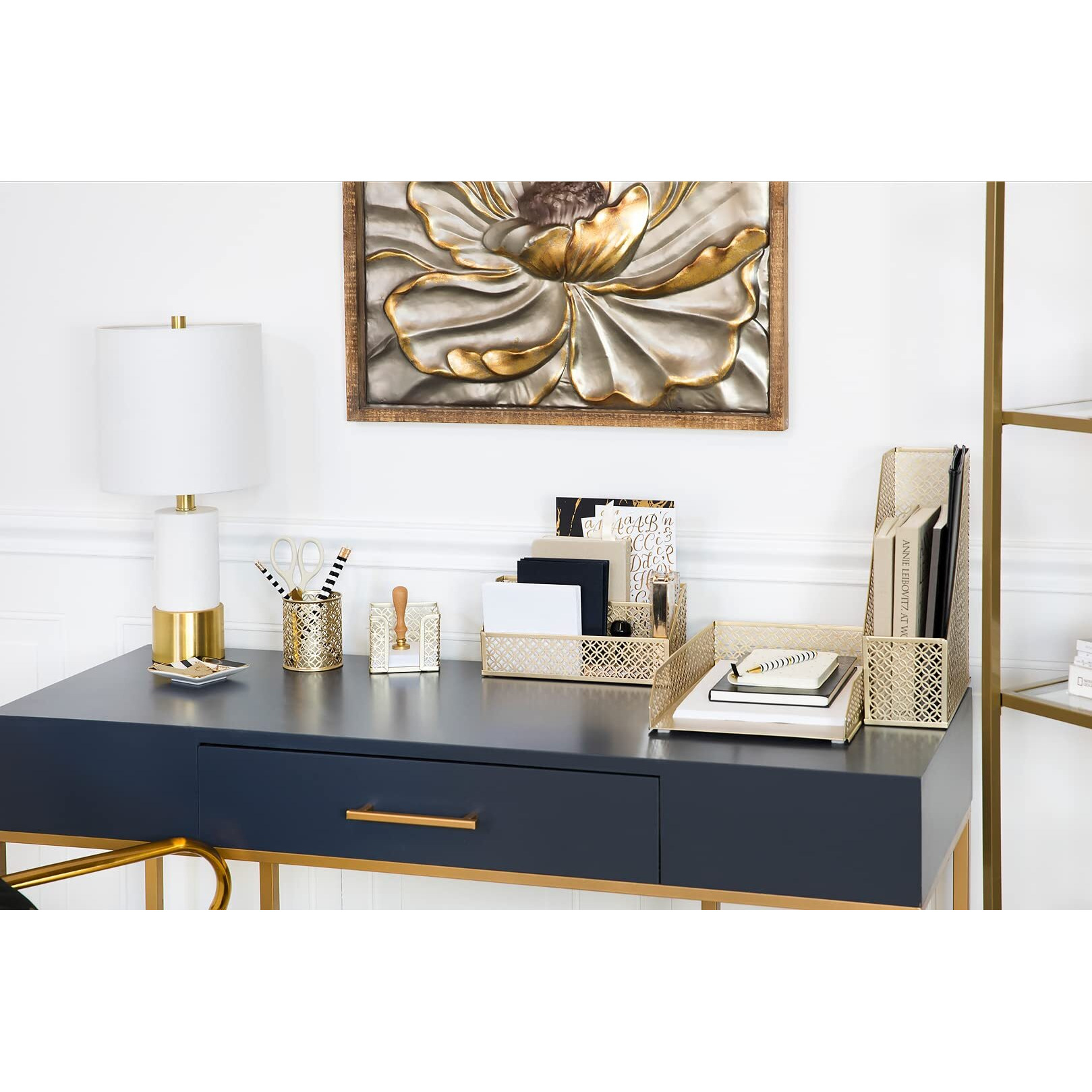 Blu Monaco 6 Piece Cute Gold Desk Organizer Set - Desk Organizers And Accessories For Women - Cute Office Gold Desk Accessories - Desktop Organization