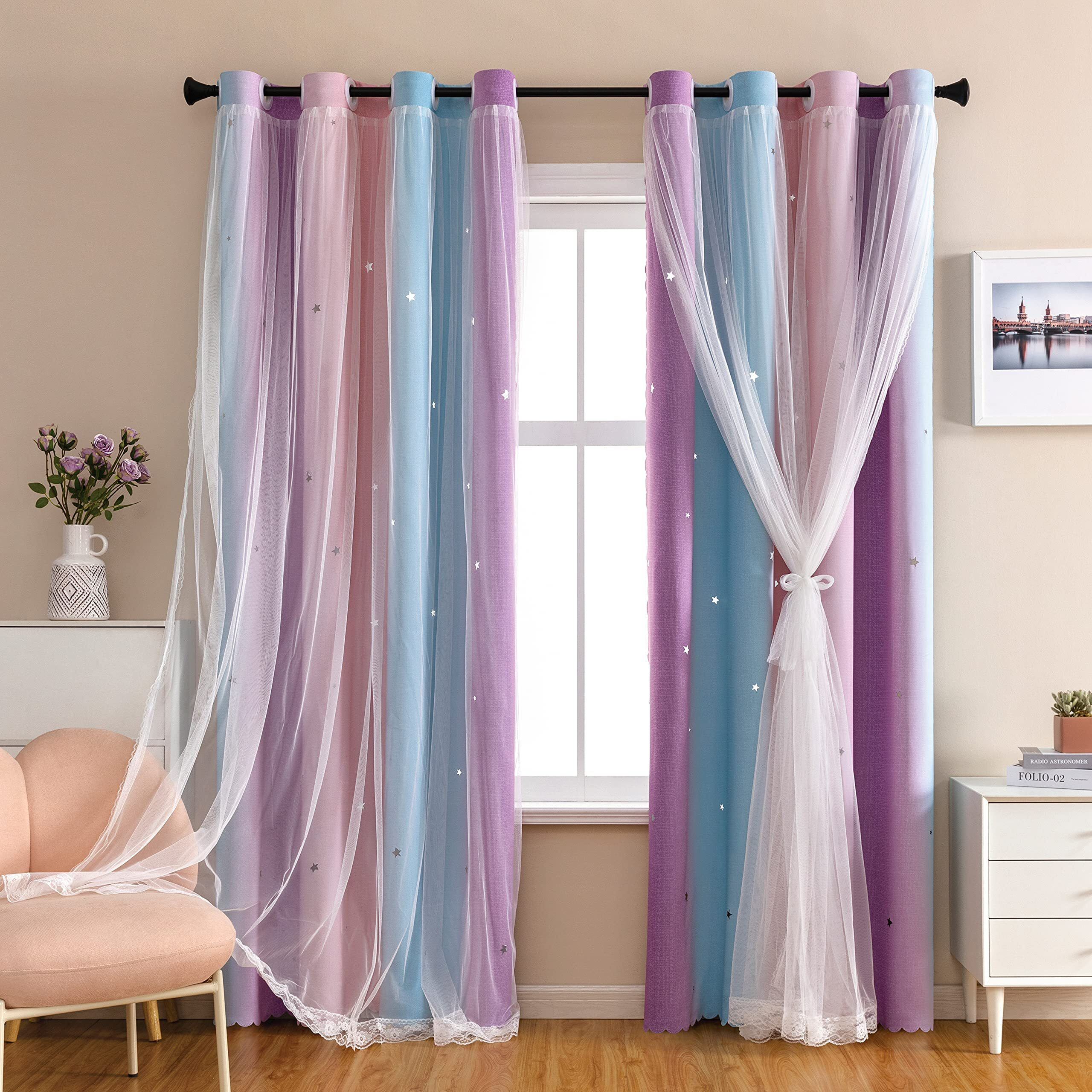 Xidi Dream Star Blackout Curtains For Kids Rooms Girl Princess Curtain For Daughter Bedroom 84 Inches Long (Pink Purple, W52 X L84)
