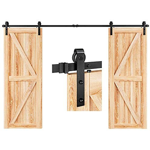 Easelife 14 Ft Double Door Sliding Barn Door Hardware Track Kit,Basic J Pulley,Heavy Duty,Slide Smoothly Quietly,Easy Install (14Ft Track Kit For Double 42" Wide Door)