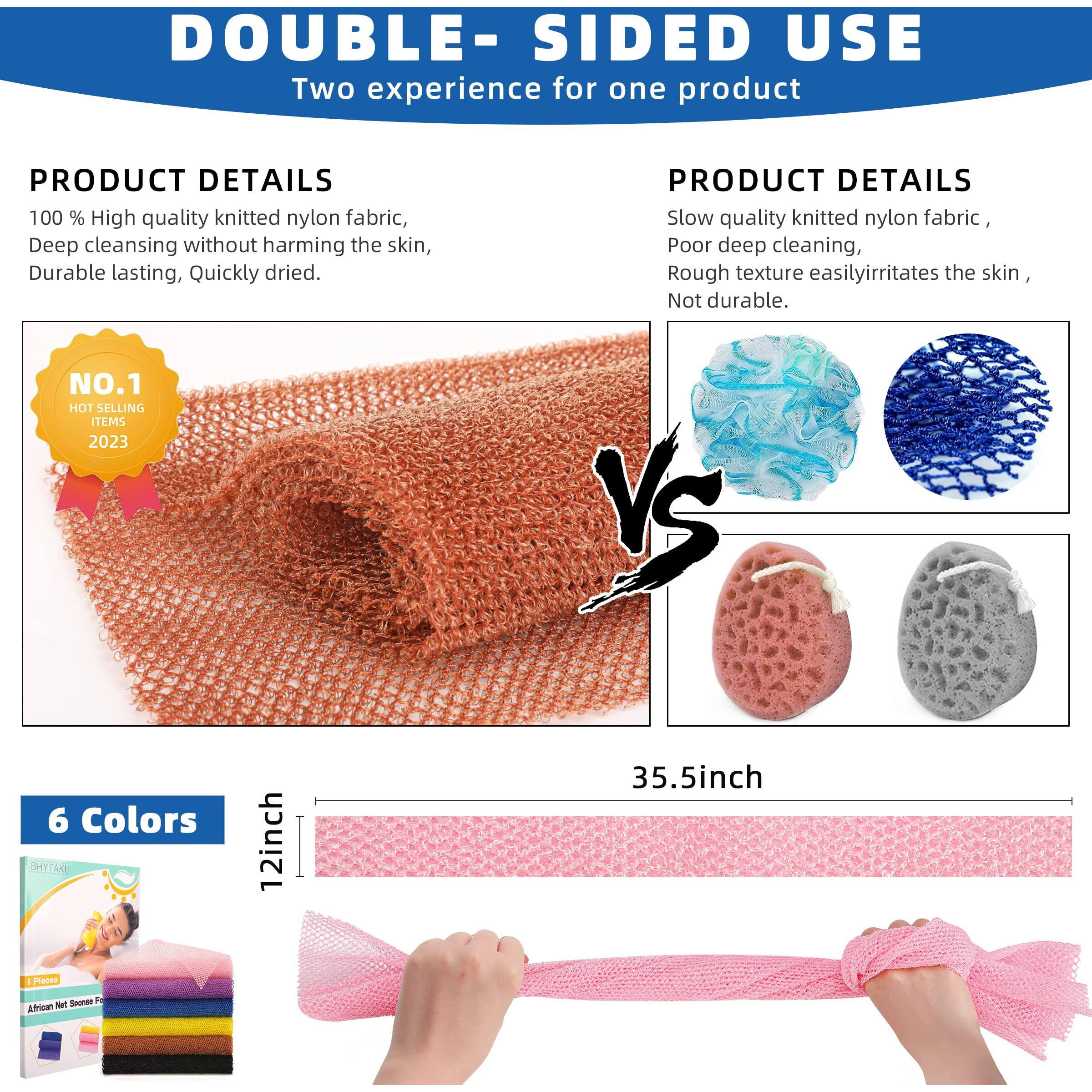 Bhytaki 6 Pieces African Net Sponge African Exfoliating Net Long African Bath Sponge Washcloth Shower Net African Body Scrubber Net For Skin Smoother Daily Use(Pink,Yellow,Purple,Black,Blue,Brown)