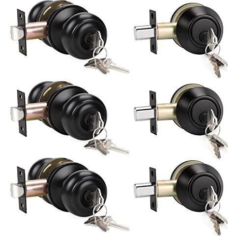 Knobwell 3 Pack Keyed Alike Entry Door Knobs And Single Cylinder Deadbolt Lock Combo Set Security For Exterior And Front Door, Keyed Entry Door Locksets With Deadbolt, Matte Black Finish
