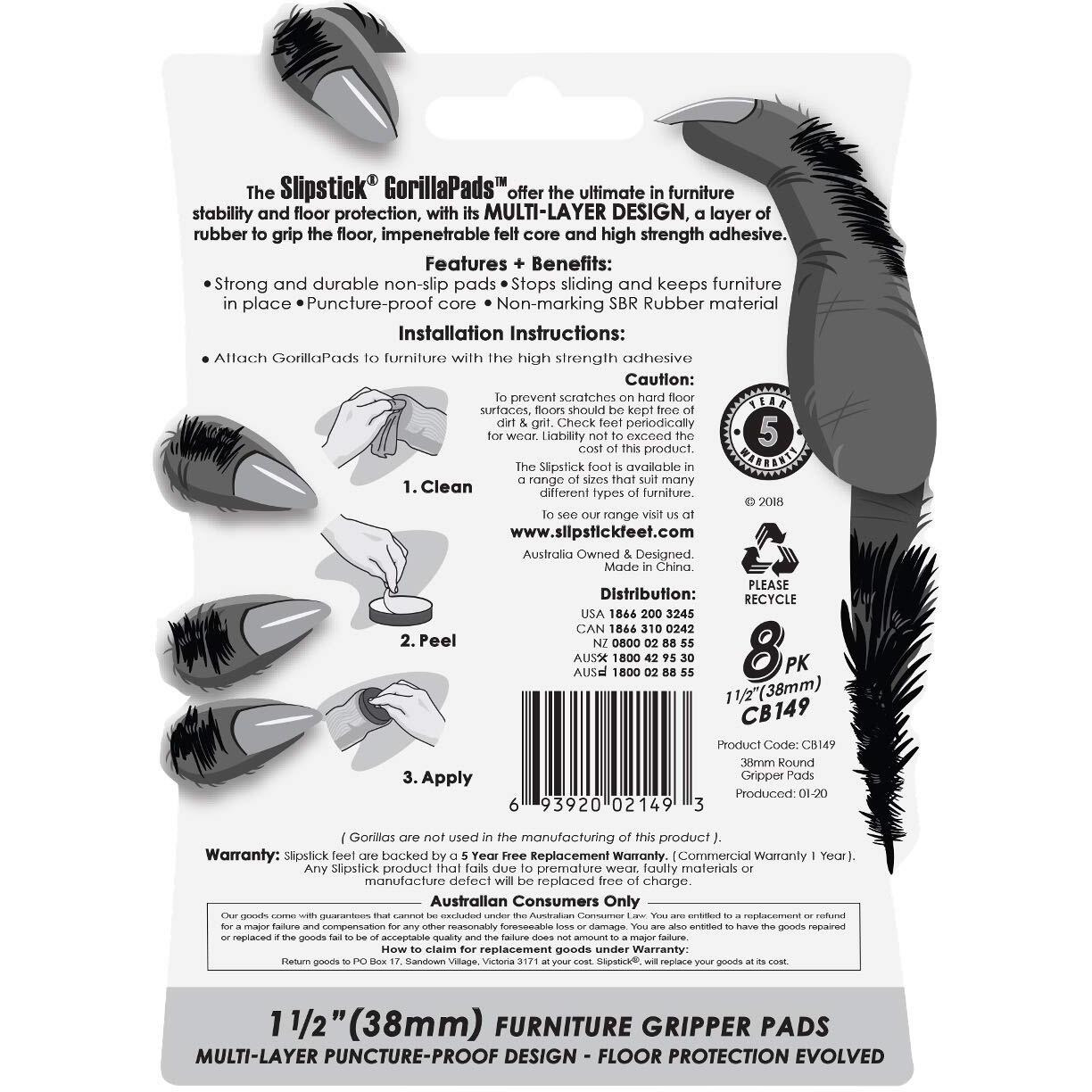 Slipstick Gorillapads Cb149 Non-Slip Furniture Pads/Rubber Grippers (Set Of 8) Self-Adhesive Furniture Feet Floor Protectors, 1-1/2 Inch Round, Black