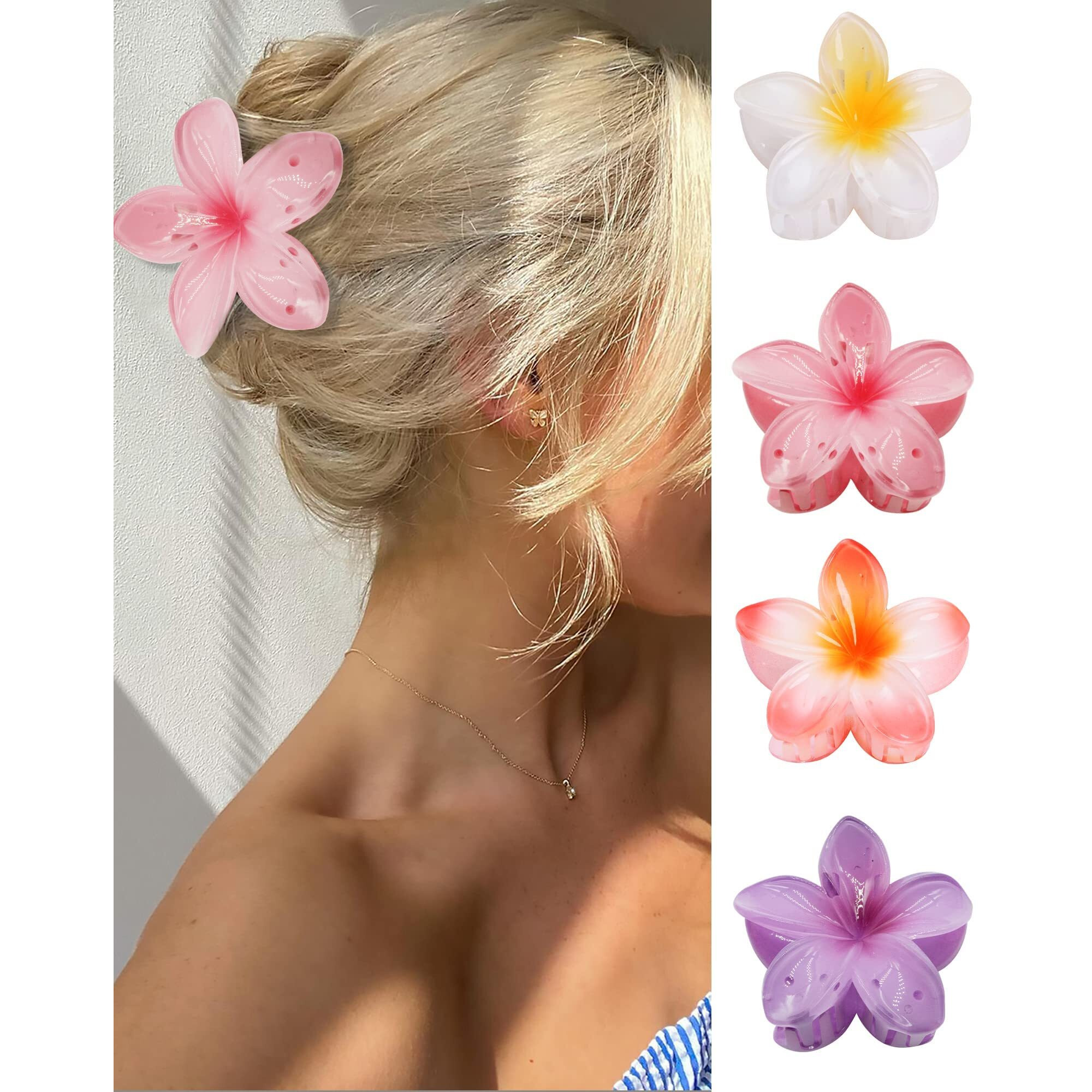 Gqlv Flower Hair Claw Clips-4Pcs For Thick Hair,Strong Hold Nonslip,Hawaiian,Cute Large Hair Clips,Banana Clip For Thin Hair,Hair Accessories For Women Girls Holiday Gifts (A-4Pcs Large Colorful Flower)
