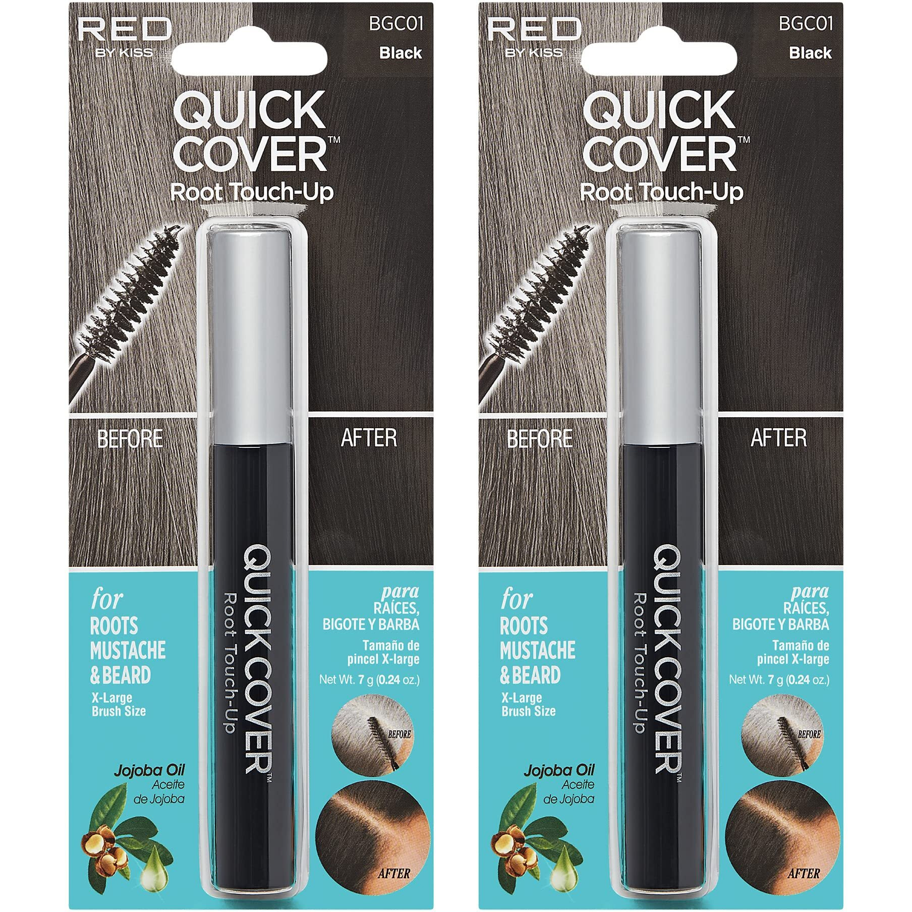 Red By Kiss Quick Cover Root Touch Up Rescue (Black 2 Pack), Mascara Natural Water-Resistant Temporary Gray Concealer Cover Up Brush For Hair Mustache & Beard, Formulated With Jojoba Oil