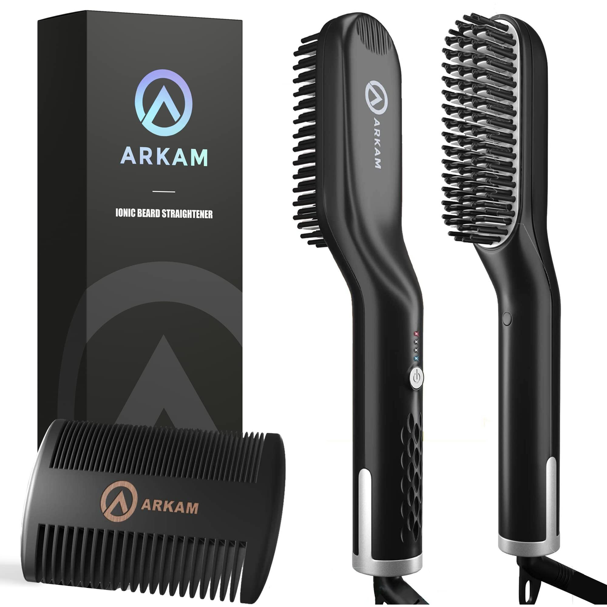 Arkam Beard Straightener -Original Heated Beard Brush Kit W/Anti-Scald Feature, Dual Action Hair Comb And Travel Bag For Short To Medium Beards -Costume Accessories And Grooming Gifts For Men