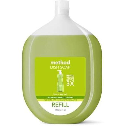 Method Gel Dish Soap Refill, Lime + Sea Salt Scent, Powerful Cleaning Formula, Large Refill Tub, Biodegradable Formula, Cuts Through Grease, 54 Fl Oz