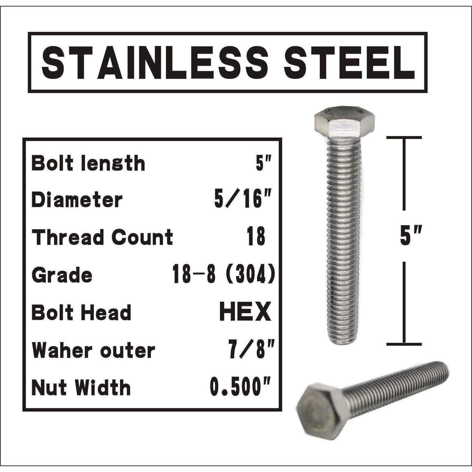 (5 Sets) 5/16-18X5" Stainless Steel Hex Head Screws Bolts, Nuts, Flat & Lock Washers, 18-8 (304) S/S, Fully Threaded By Bolt Fullerkreg