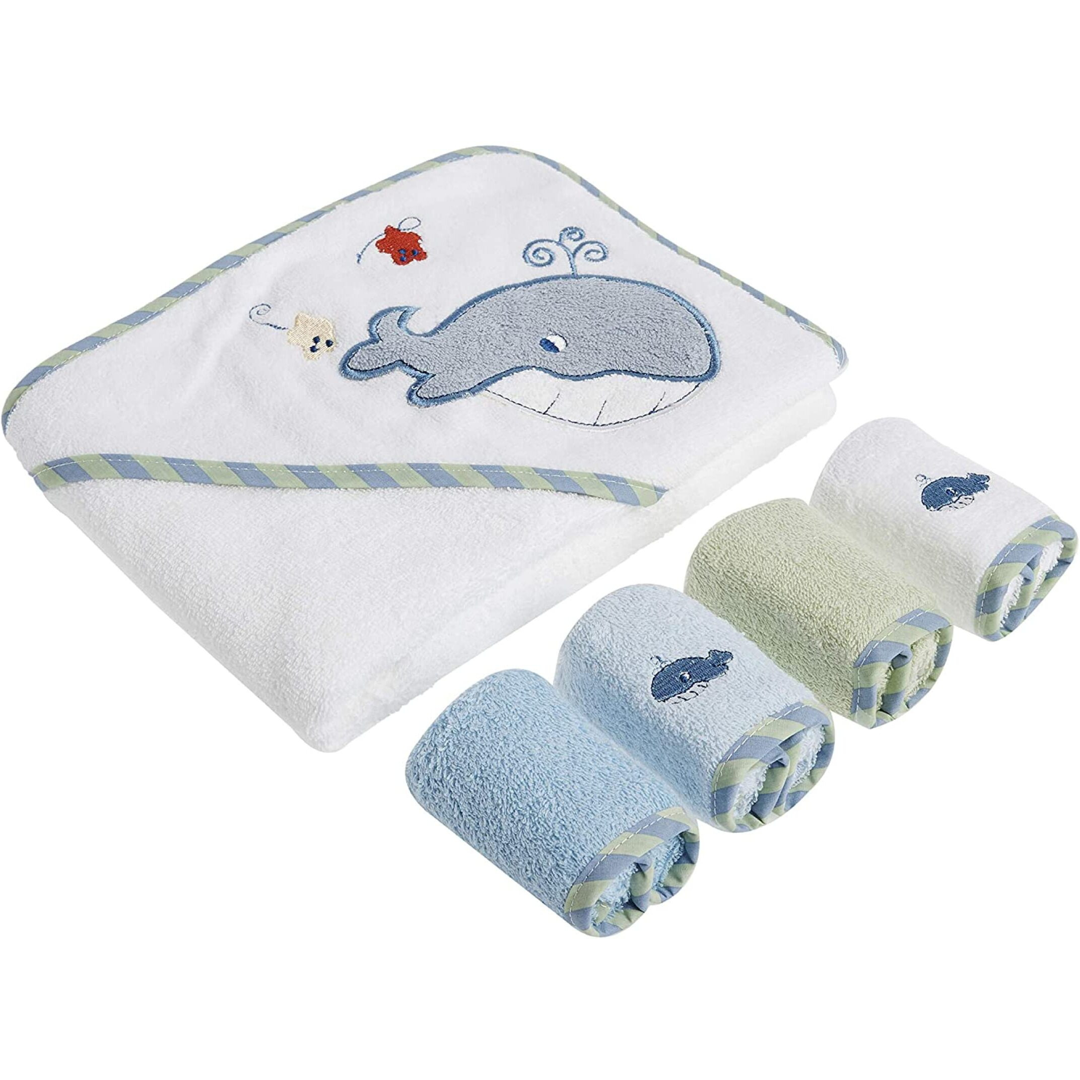 Spasilk Bath Hooded Towels & Washcloths Set For Babies, Hooded Terry Bath Towel & 4 Washcloths, Blue