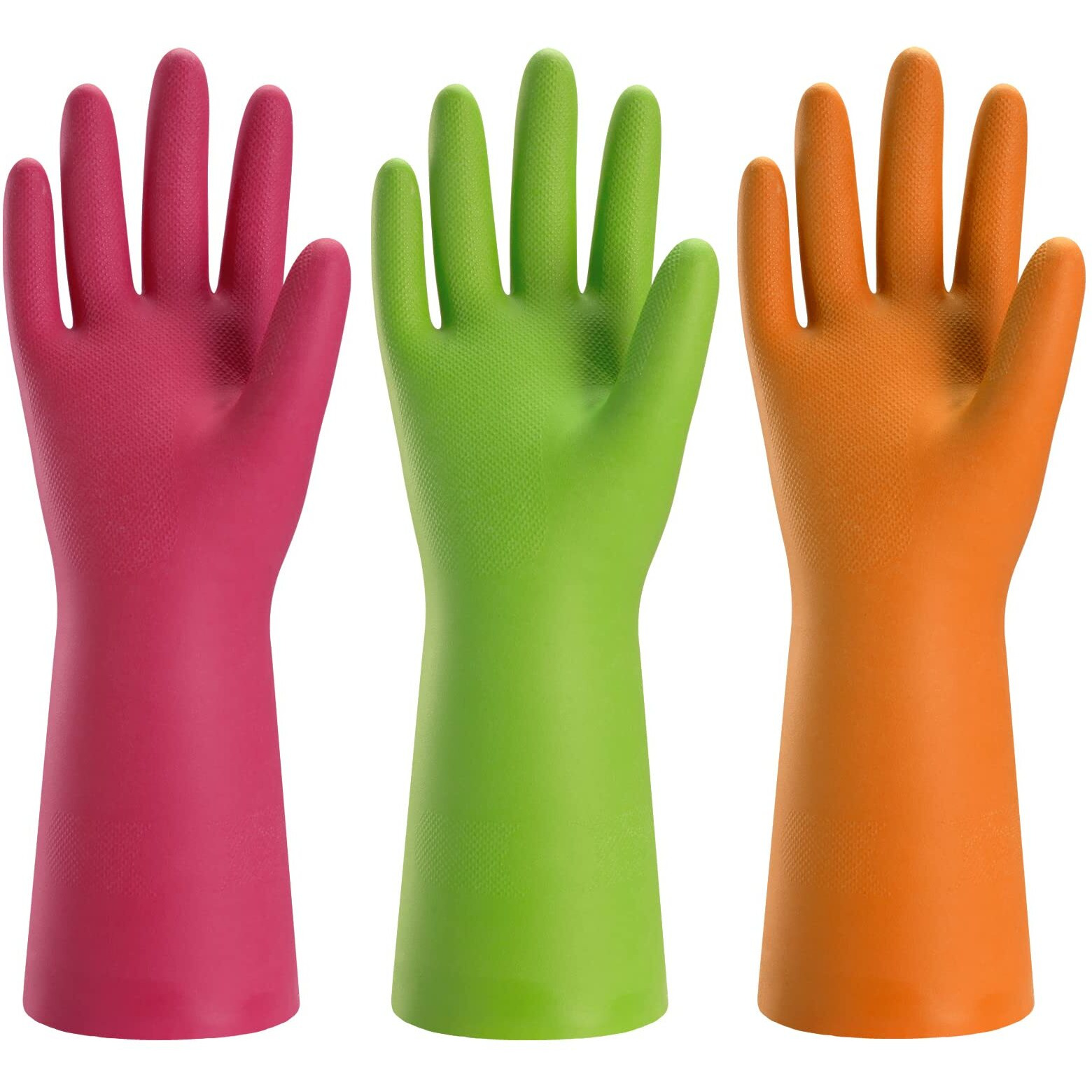 Bamllum 3 Pairs Rubber Cleaning Gloves For Household - Reusable Dishwashing Gloves For Kitchen, Flexible Durable & Waterproof (Medium, Green+Red+Orange)