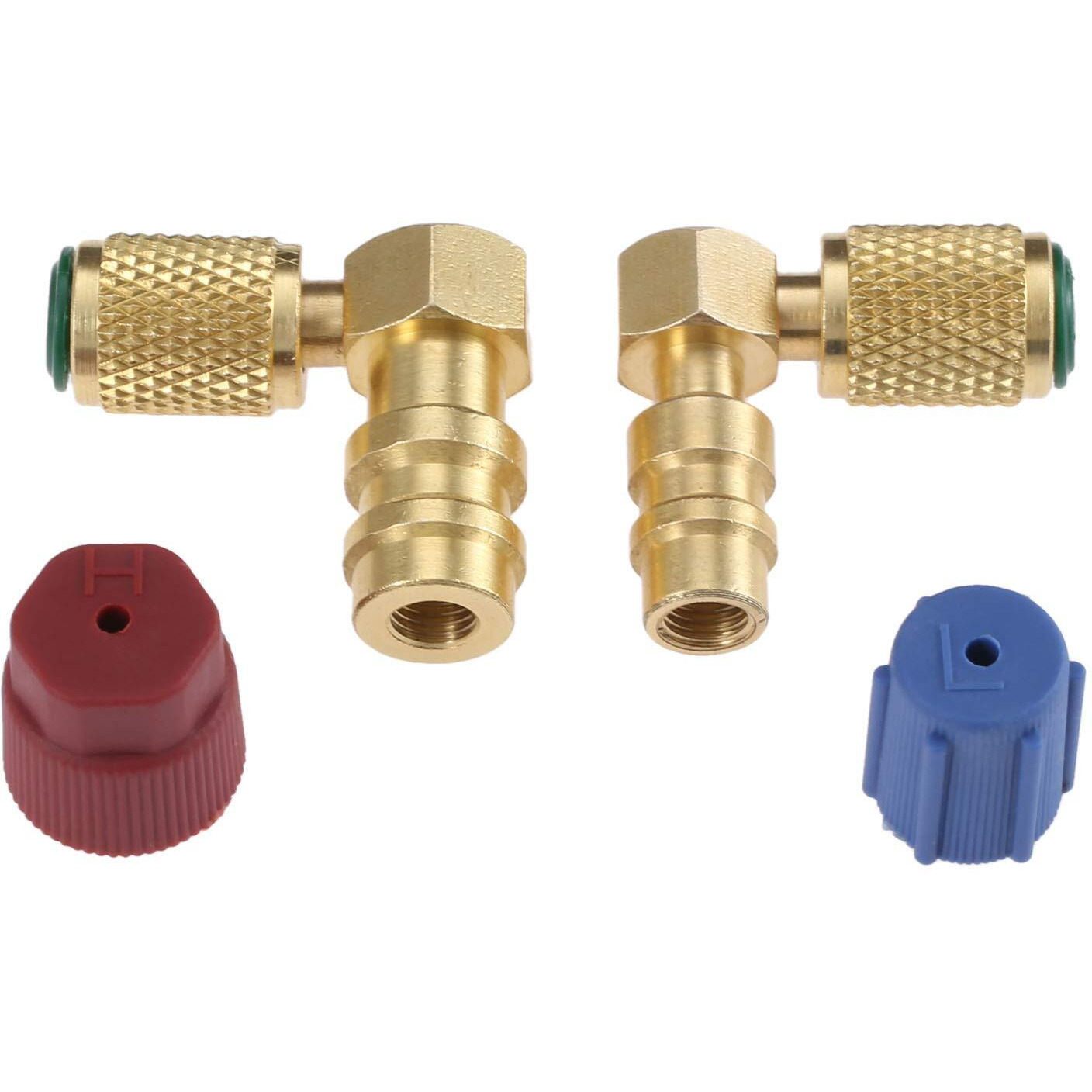 R12 To R134 A High/Low Ac Fitting Port Retrofit Conversion Adapter, Quick Coupler Valve A/C 90 Fitting, High And Low Side R-12 To R-134A Retrofit With 2Pc Caps