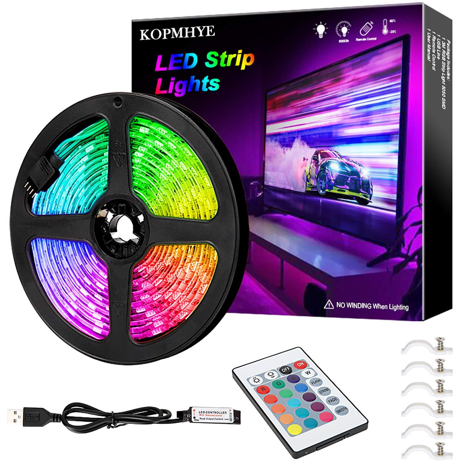 3M 10Ft Rgb Led Strip Lights, Ip65 Waterproof Colored Usb Tv Backlight With Remote, 16 Color Changing 180 5050 Leds Bias Lighting For Hdtv, Multicolor For Tv Pc Background Lighting, No Adapter
