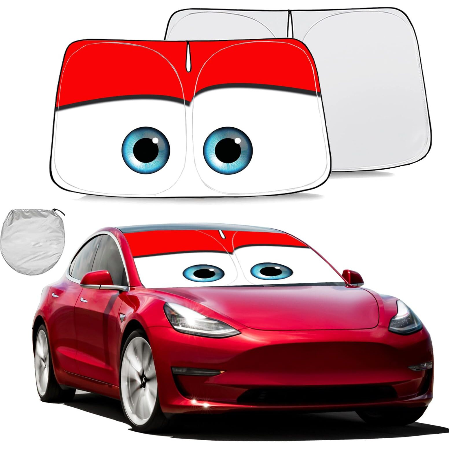 Gven Sunshade For Tesla Model Y Accessories 2025 Funny Eyes Windshield Sun Shade Car Front Window Shade For Tesla Model 3 Accesssories Dual-Sided Versatility (Red, For Tesla)