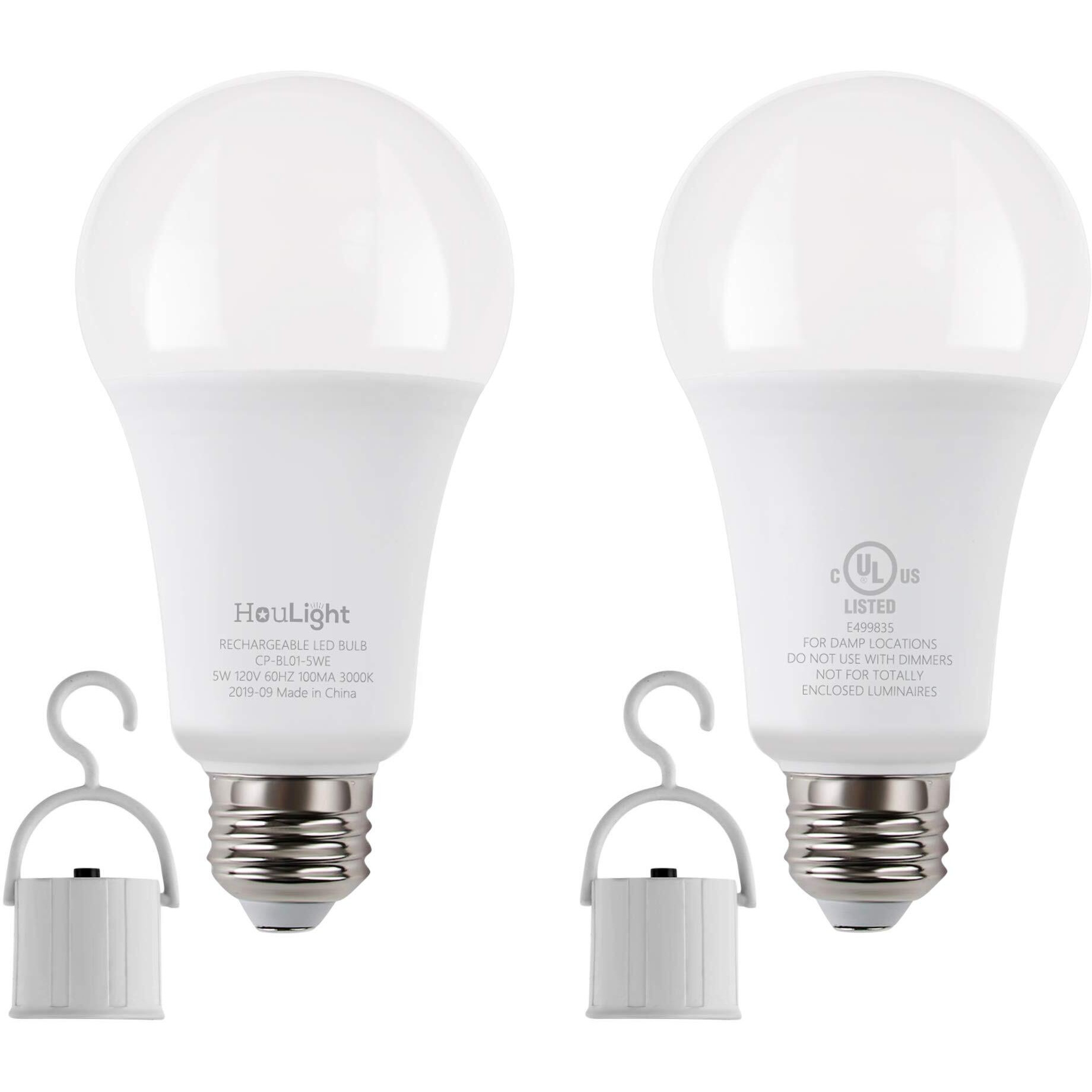 Houlight 5W Rechargeable Emergency Led Light Bulbs With Back Up Battery For Power Outage, Camping, Hurricane, Disaster Planning, 40W Equivalent, Ul Certified (5000K Daylight White, 2-Pack)