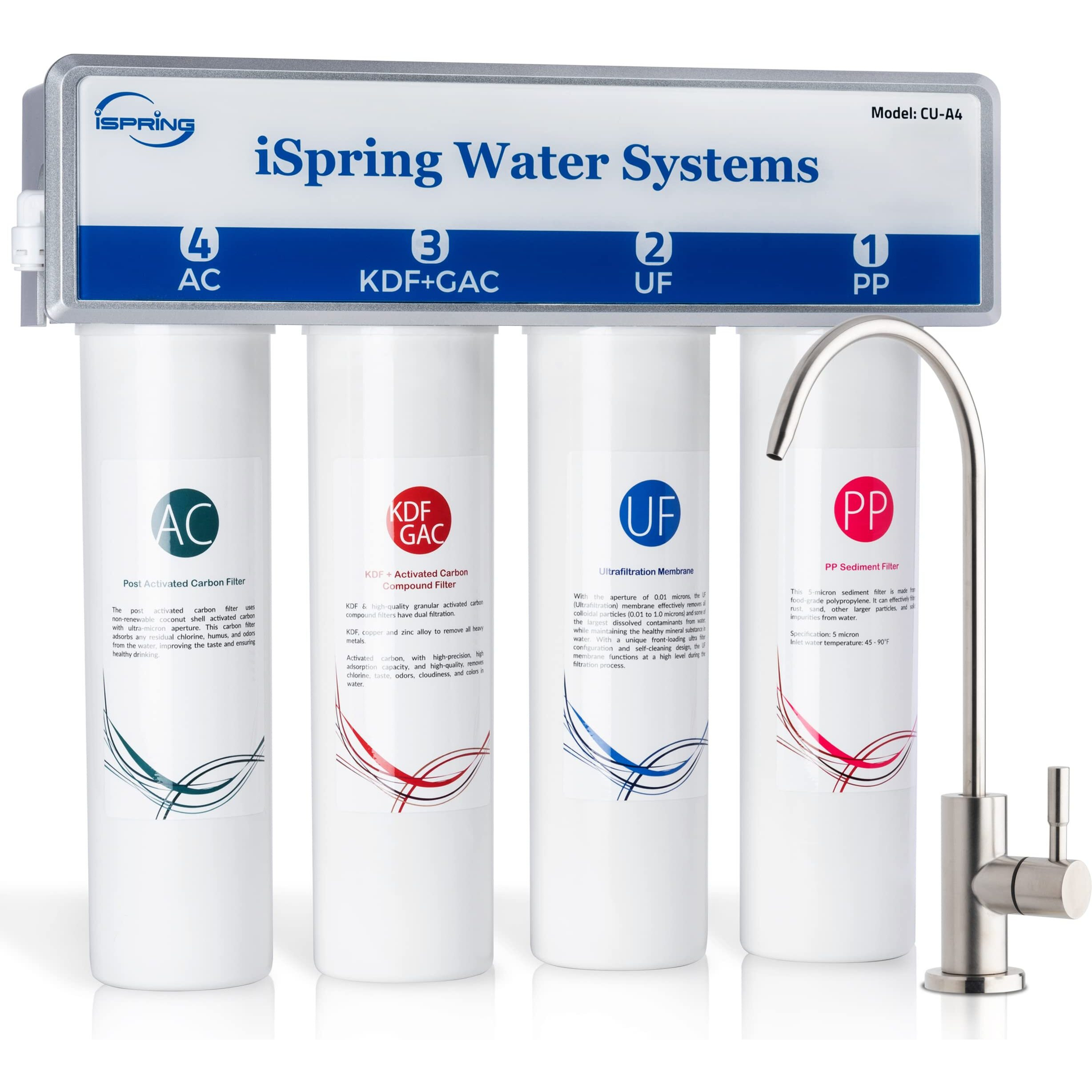 Ispring Cu-A4 0.01M Ultra-Filtration Under Sink Water Filter System, Tankless 4-Stage High Capacity, Remove 99.99% Contaminants, Quick Filter Change With Brushed Nickel Faucet, White