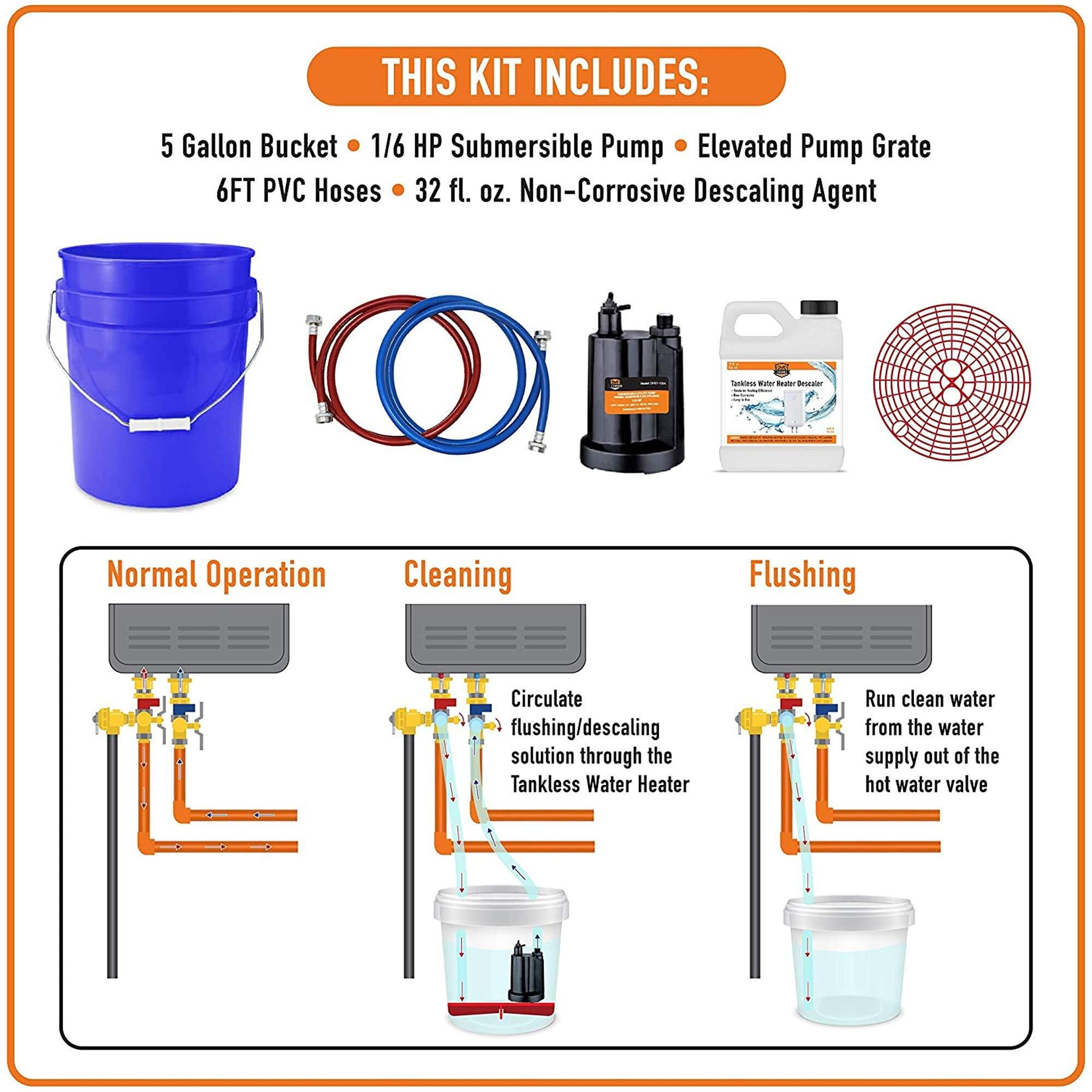 Chromex Tankless Water Heater Flush Kit With Certified Liquid Descaling Solution And 1/6Hp Extra Strength Pump