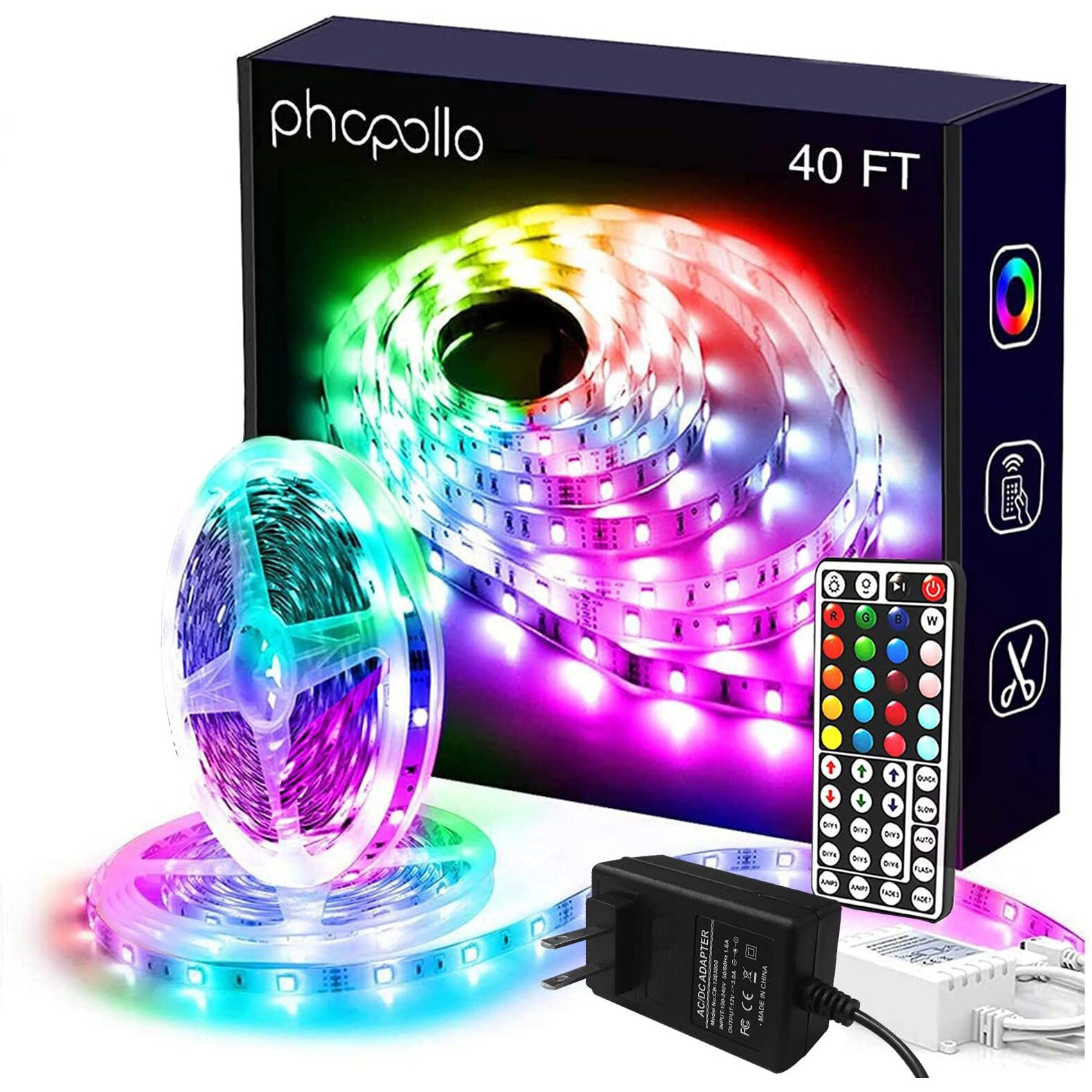 Phopollo Led Lights 40Ft For Bedroom Rgb Color Changing Led Lights Kit With Power Supply And Remote