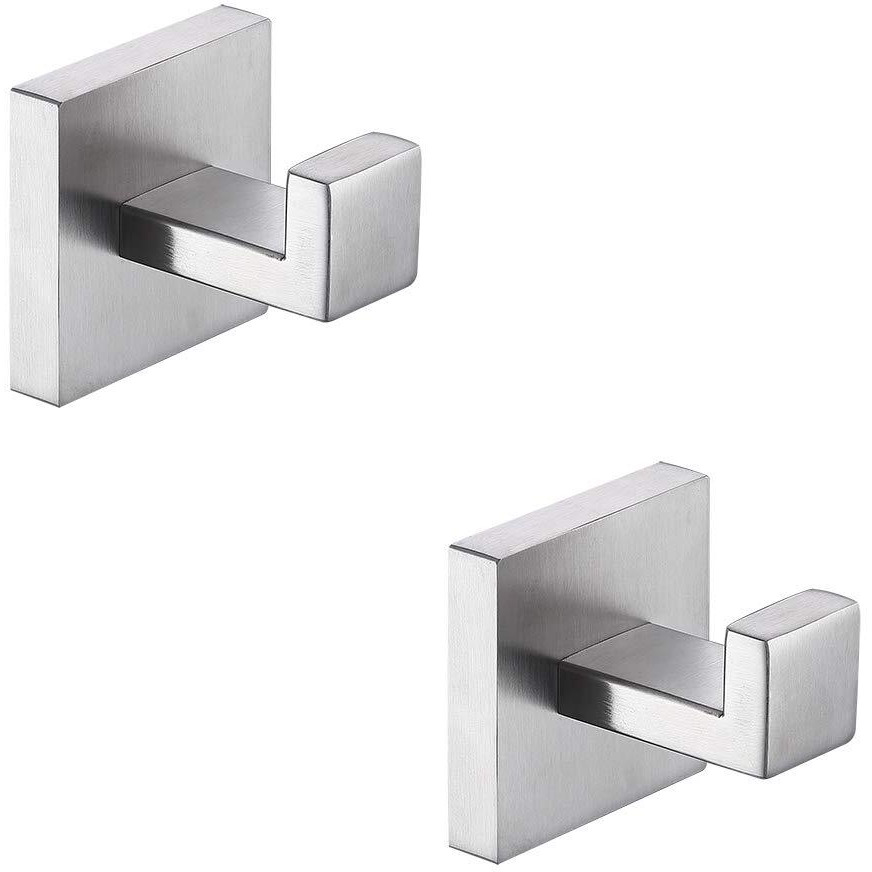 Tastos Bath Towel Hooks Brushed Nickel, 2 Pack Stainless Steel Robe Coat And Clothes Hook, Heavy Duty Wall Hook For Bathroom & Kitchen, Modern Square Style Wall Mounted (Silver)