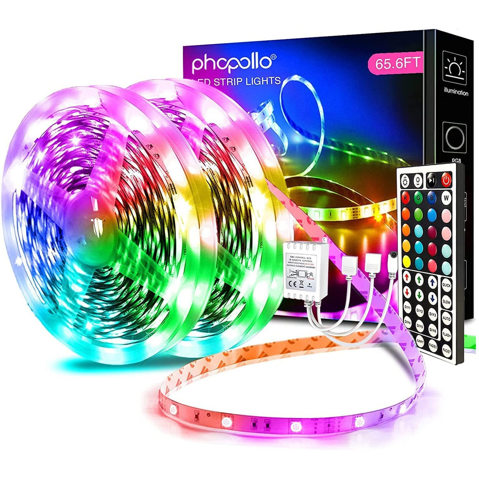 Phopollo 65.6Ft Led Lights For Bedroom, 5050 Color Changing Led Strip Lights With 44-Key Remote And 12V Power Supply, Led Lights Strip For Home Decoration.