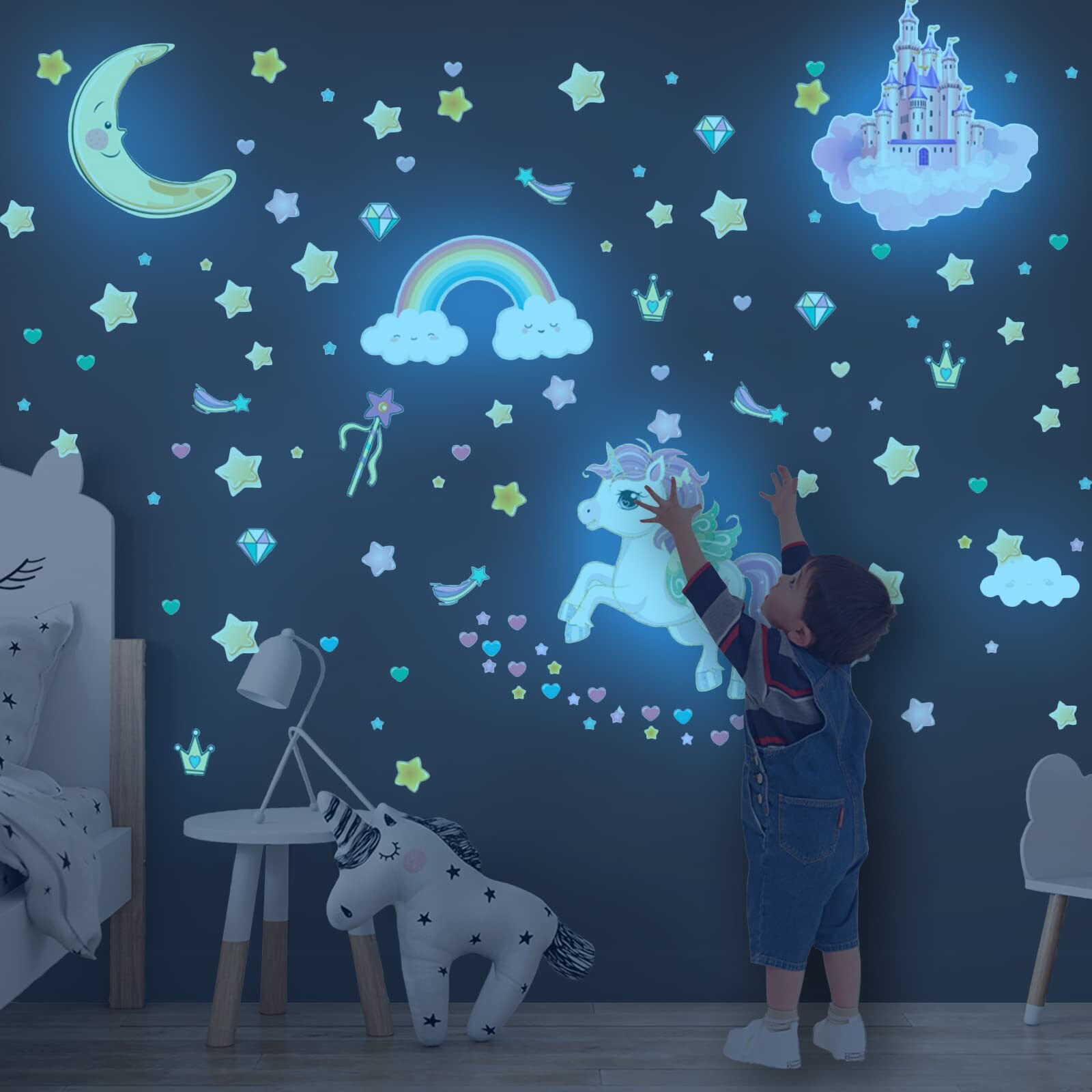 Glow In The Dark Stars And Unicorn Wall Decals, Glowing Castle Moon And Rainbow Stickers, 174 Pcs Luminous Ceiling Decor For Kids Bedroom, Decoration For Girls And Boys Room (Blue)