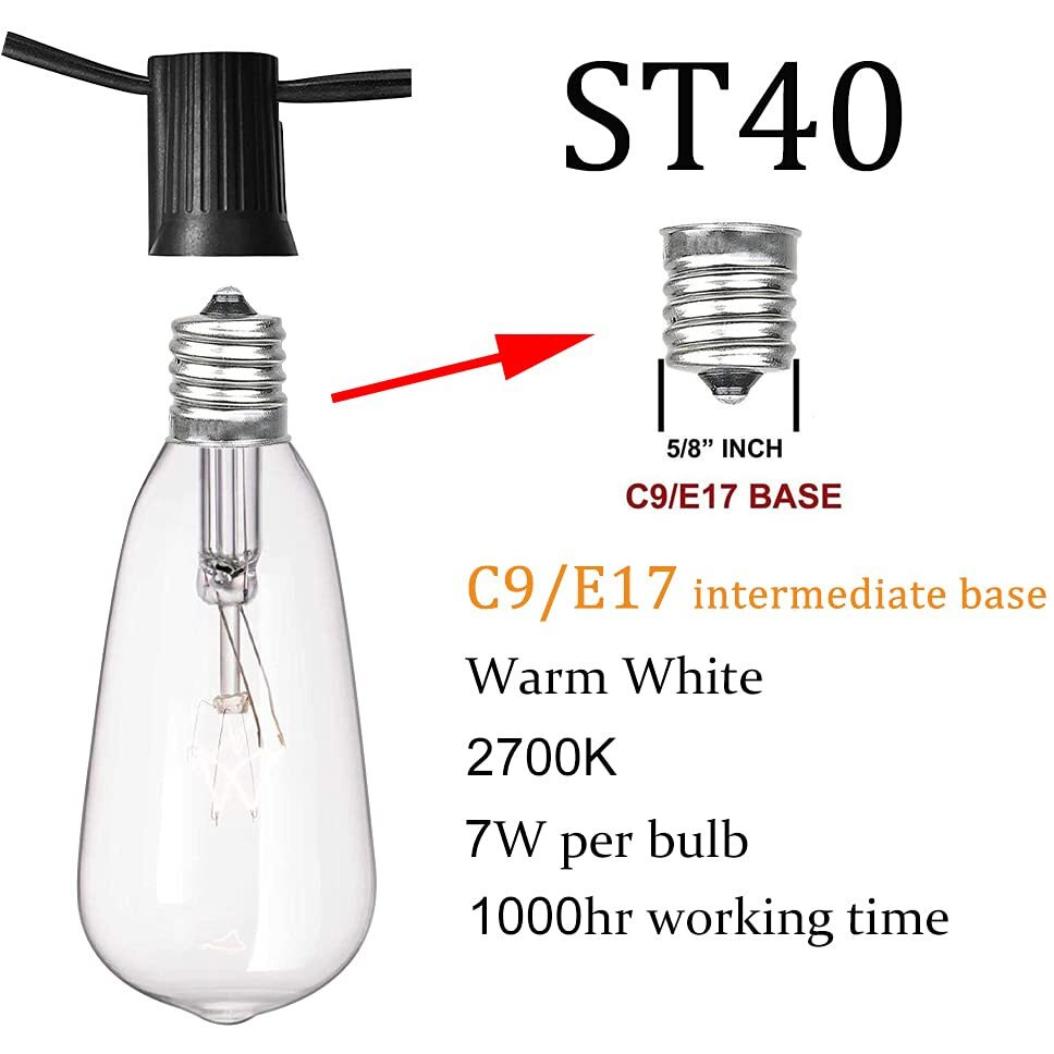 10Ft Outdoor String Lights Waterproof, Hanging Patio Lights With 11 Edison Bulbs (1 Spare), St40 Vintage Edison Bulbs String Lights For Indoor Garden Backyard Party Wedding Balcony Decor- Black