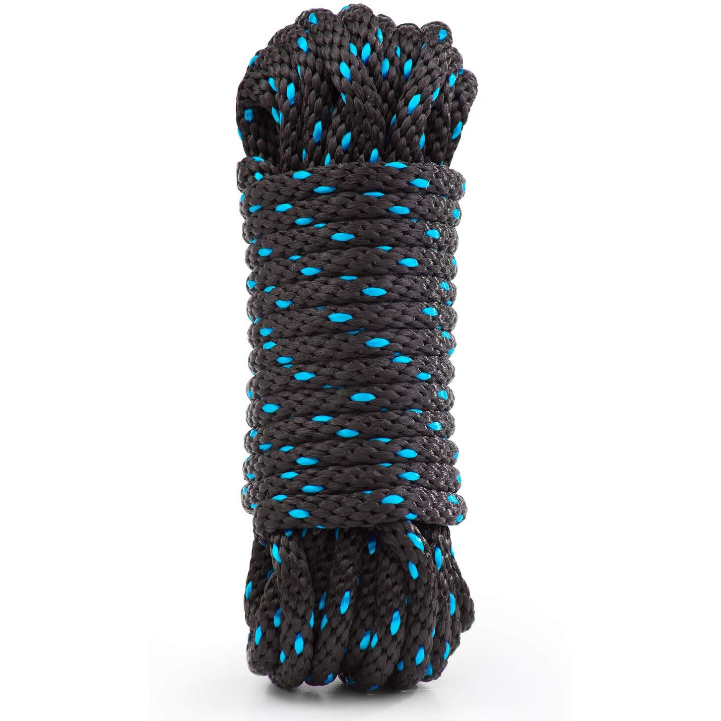 Rope Ratchet 3/8", 50 Ft Solid Braided Polypropylene Rope, Heavy Duty, All Purpose, Utility Cord Tie Down Rope For Camping, Tie, Pull, And Knot, Indoor And Outdoor Use - Black With Blue Tracers