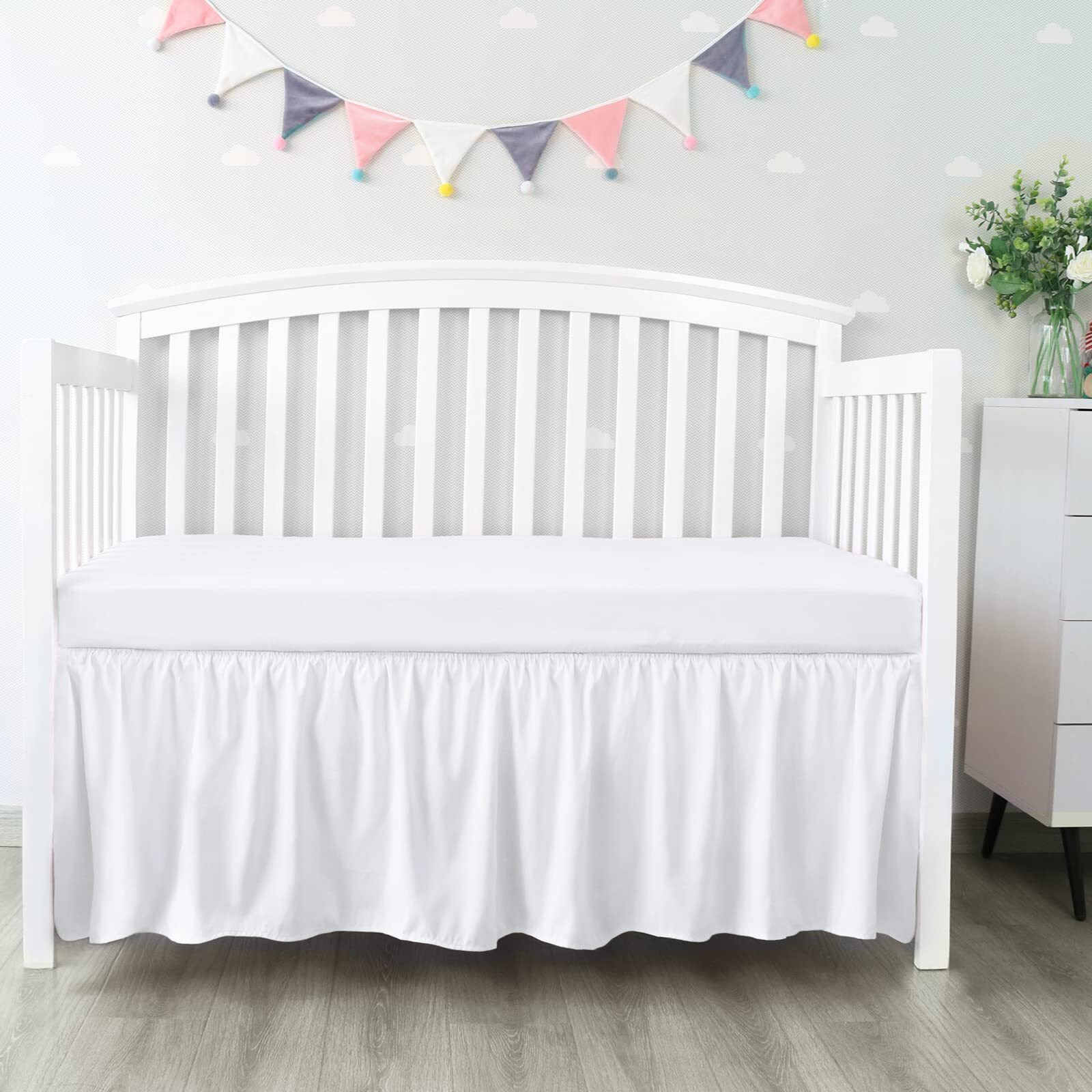 Crib Bed Skirt 4 Sides Pleated Dust Ruffle For Baby Boys Girls Elastic Adjustable Fit Toddler Bedskirt Easy On/Off Soft Nursery Standard Crib Bedding Skirts Solid White Crib Skirt